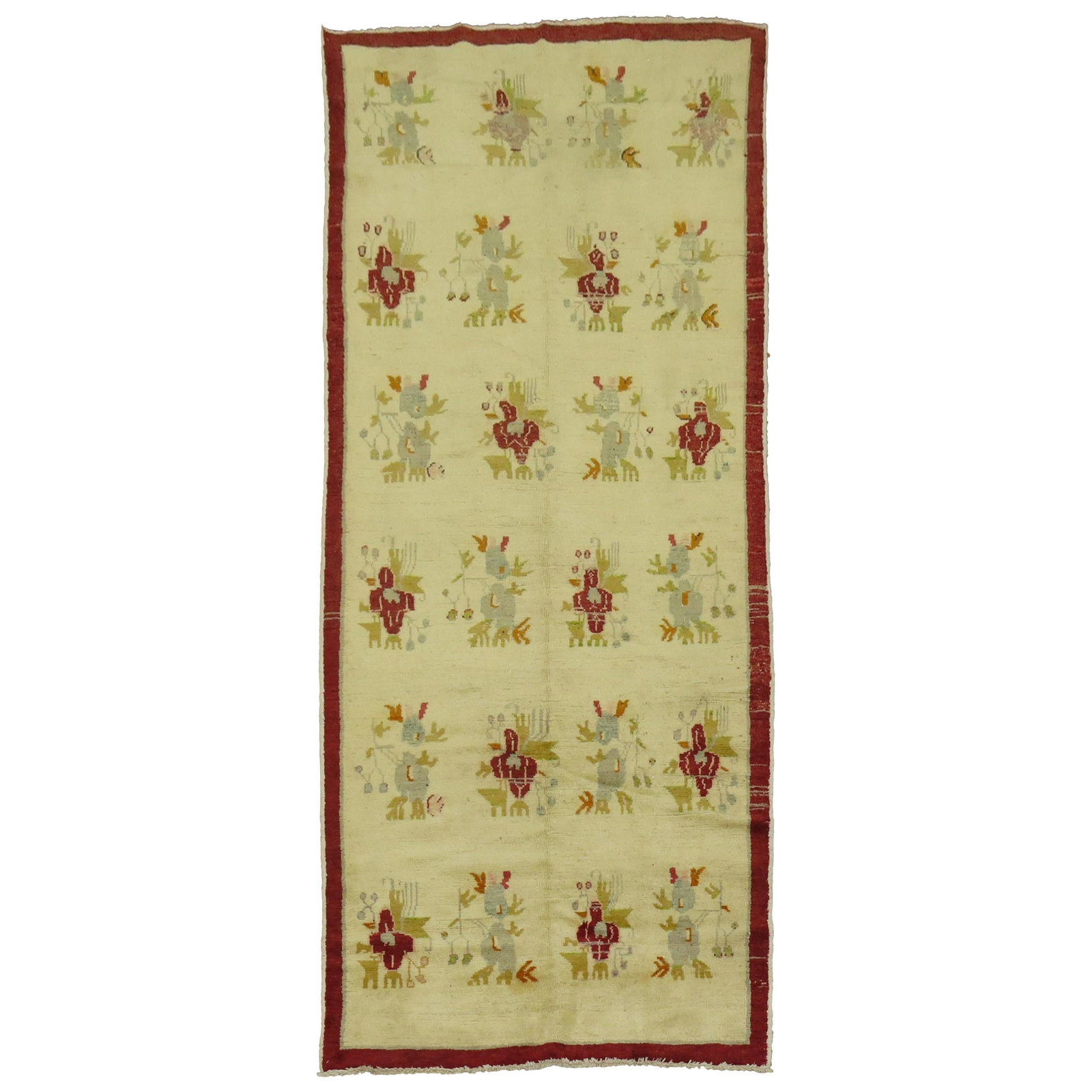 Mid Century Turkish Wool Hand Knotted Floral Rug 48 x 109 in: Mid Century Turkish Wool Hand Knotted Floral Rug 48 x 109 in This one-of-a-kind vintage Turkish rug features an ivory field with a floral design, crafted in the Arts and Crafts style. Hand-knotted fro