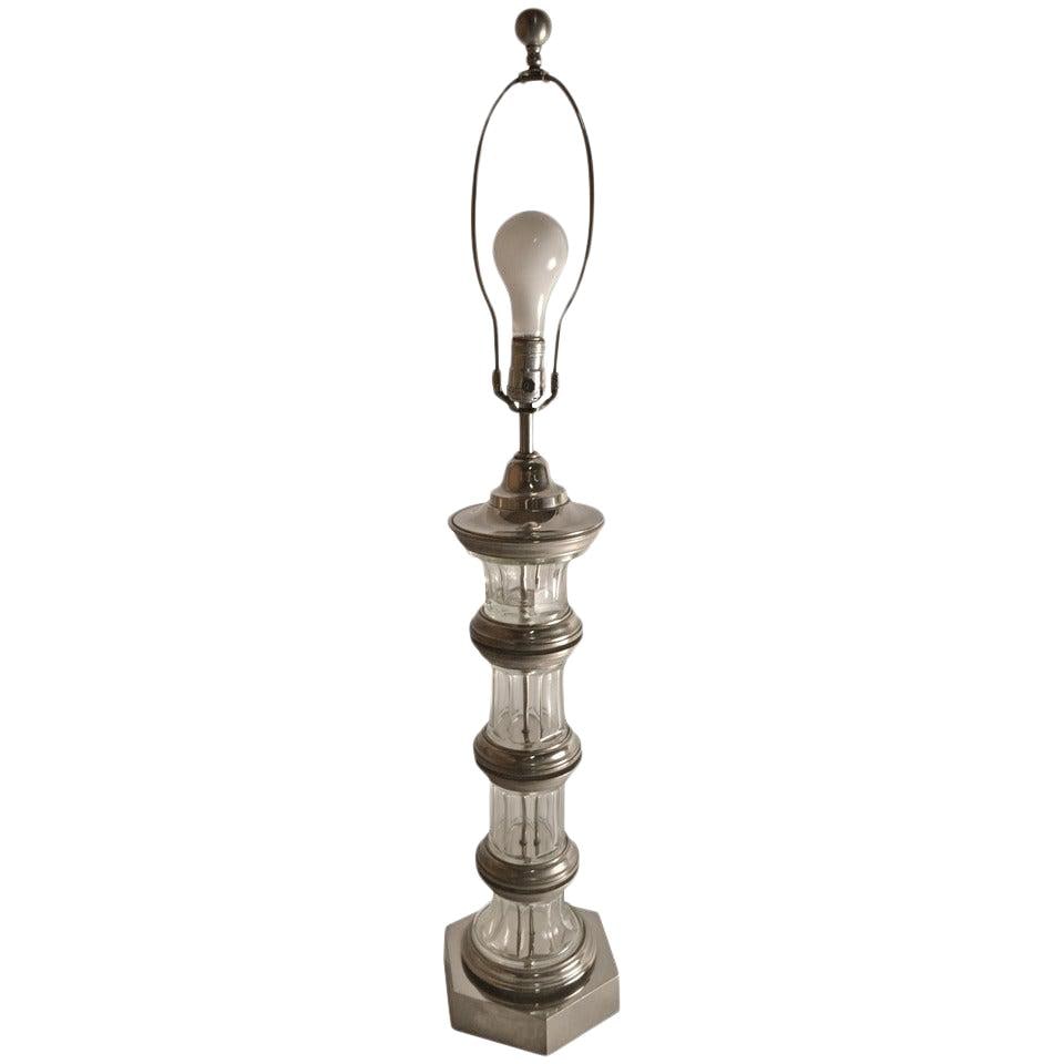 Paul Hanson Glass Column Lamp with Silver Accents 38in: Paul Hanson Glass Column Lamp with Silver Accents 38in This elegant glass column lamp features striking silver details, attributed to renowned designer Paul Hanson. Crafted with a combination of metal