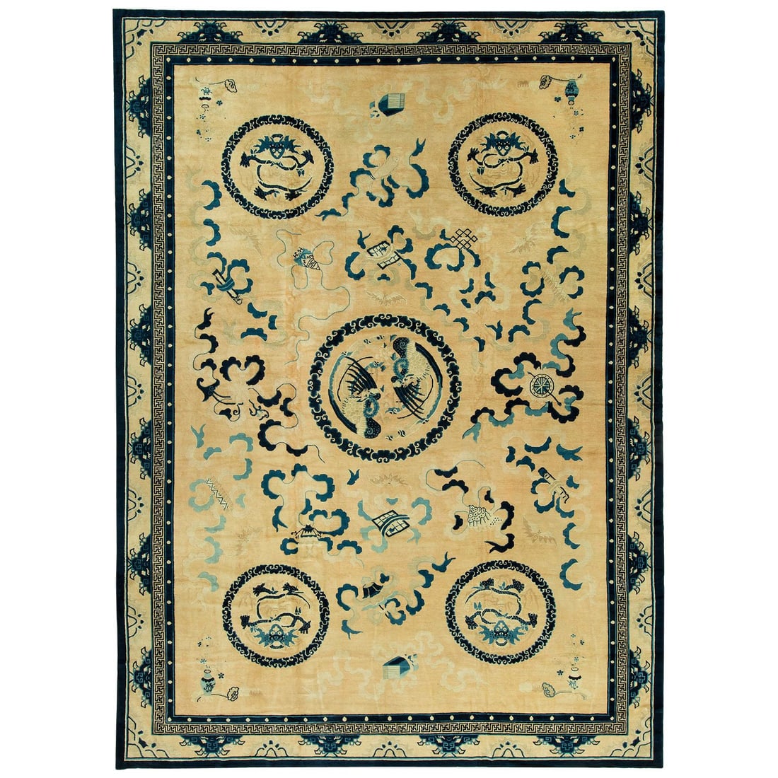 Large Late 19th Century Chinese Peking Wool Rug with Dragon Motifs: Large Late 19th Century Chinese Peking Wool Rug with Dragon Motifs Introducing a stunning large antique Chinese dragon rug, exquisitely hand-woven from high-quality wool. This exceptional piece featur