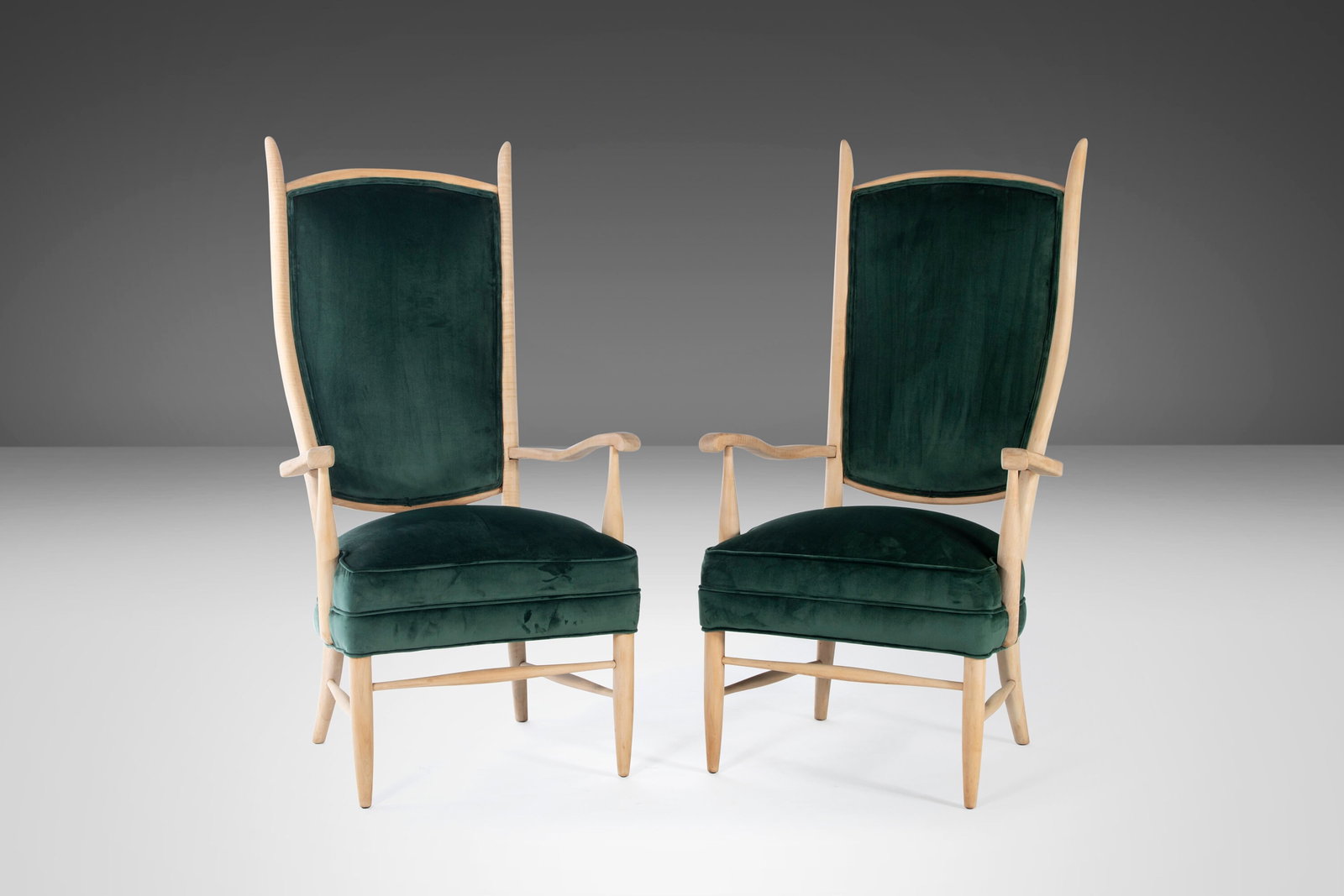 Mid-Century Modern Set of 2 Maxwell Royal High Back Chairs: Mid-Century Modern Set of 2 Maxwell Royal High Back Chairs This exquisite set of two high back upholstered chairs, crafted by Maxwell Royal in the USA during the 1950s, features a striking design with