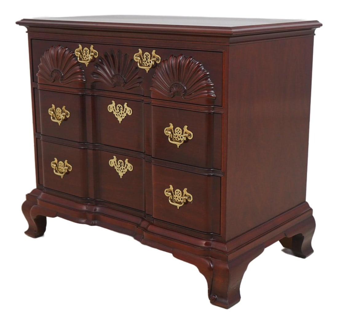 Kindel Chippendale 3 Drawer Mahogany Chest with Brass Hardware: Kindel Chippendale 3 Drawer Mahogany Chest with Brass Hardware This exquisite Kindel 3 Drawer Blockfront Mahogany Chest Dresser exudes timeless elegance with its rich high sheen mahogany finish and tr