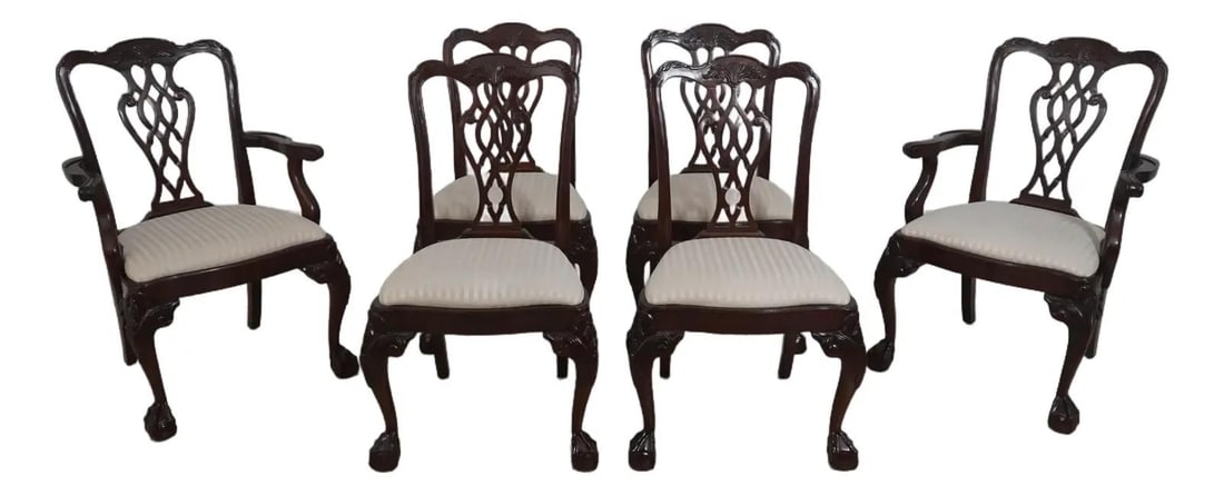 Six Mahogany Dining Chairs in Chippendale Tradition with Ball and Claw Feet Set of 6: Six Mahogany Dining Chairs in Chippendale Tradition with Ball and Claw Feet Set of 6 This set of six dining chairs features a classic Chippendale style crafted from mahogany, showcasing fine carved de