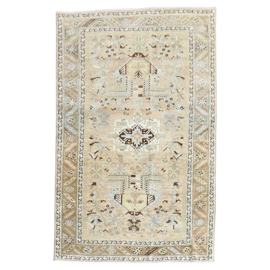 Heriz Wool Hand Knotted Tudor Rug 3' 7 x 5' 5: Heriz Wool Hand Knotted Tudor Rug 3' 7 x 5' 5 This antique Heriz rug from the early 20th century features a small geometric design and is crafted from hand-knotted wool. Showcasing neutral tones and a