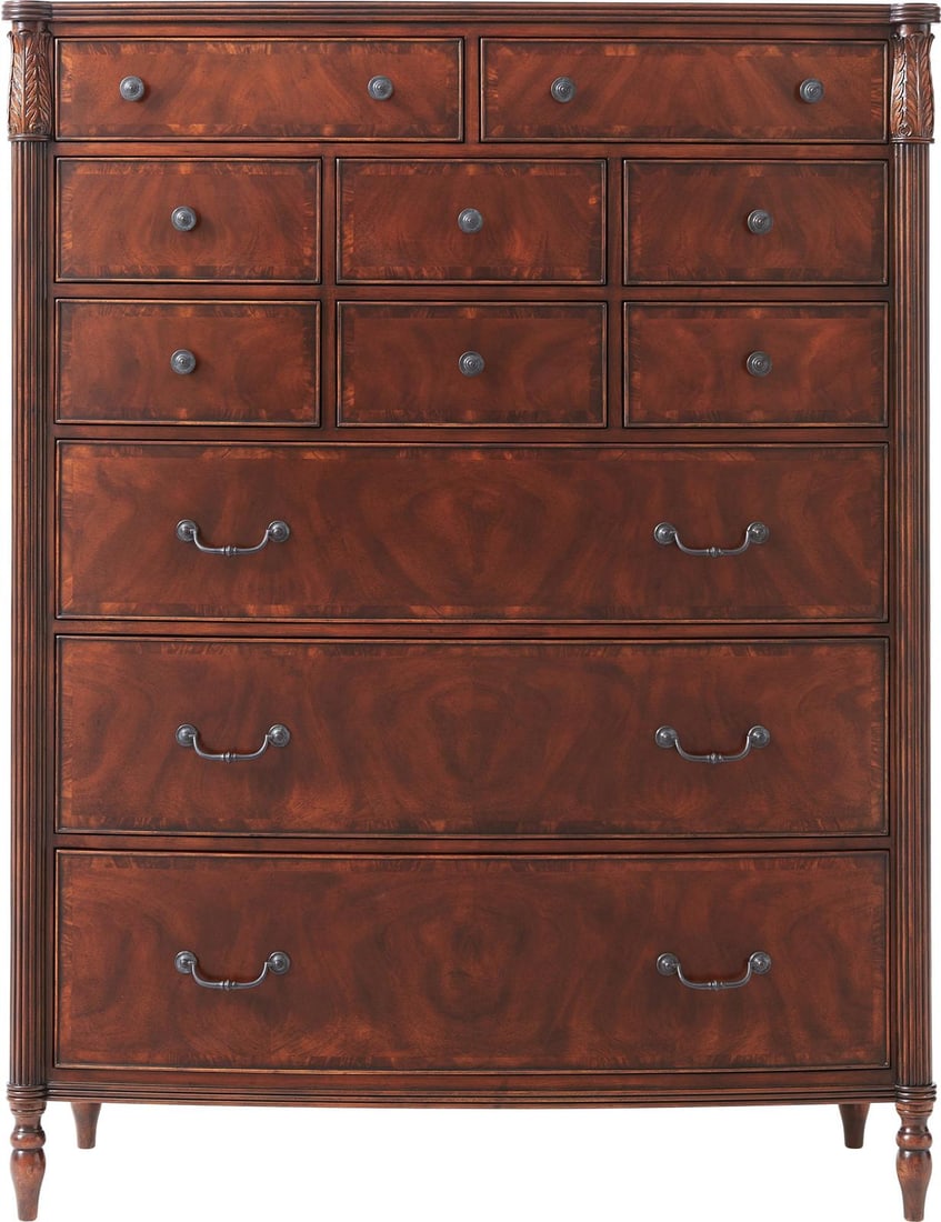 Theodore Alexander Middleton Tallboy Chest Mahogany Veneer: Theodore Alexander Middleton Tallboy Chest Mahogany Veneer This elegant gentleman's chest is crafted in mahogany and mahogany veneer with brass accents, designed in the Federal style. Featuring both l