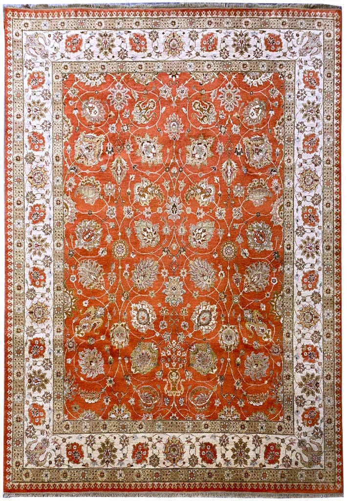 8 x 10 Handmade Agra Ziglar Area Rug in Coral Ivory Green: 8 x 10 Handmade Agra Ziglar Area Rug in Coral Ivory Green Free continental US Shipping Enhance your home with this exquisite 8' x 10' Fine Quality Agra Ziglar Rug, a true masterpiece that fuses tradit