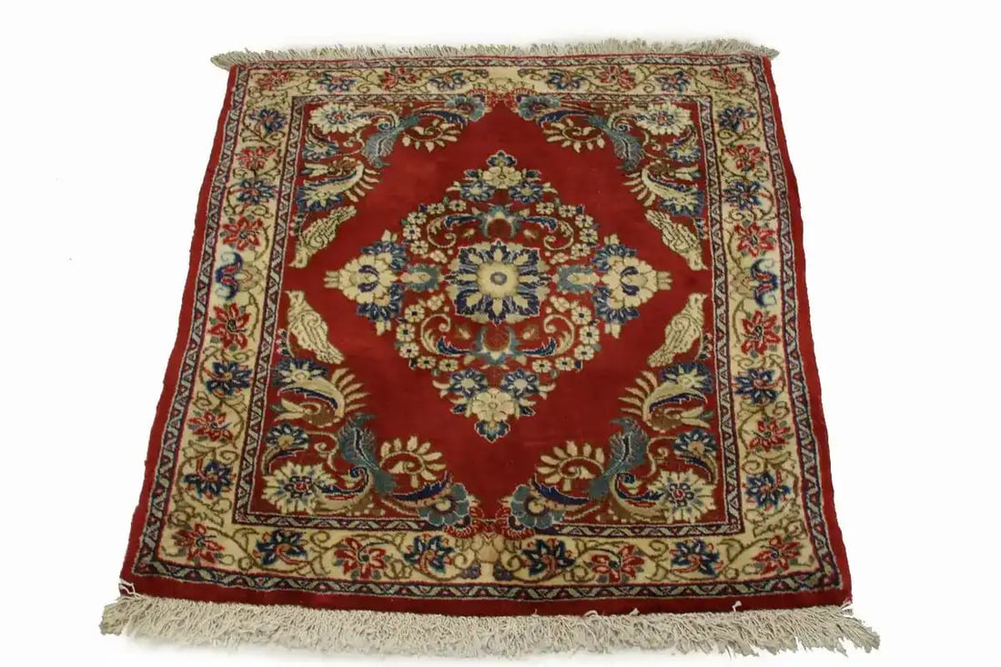 Hand-knotted wool floral rug 2x3 ft small rectangle for entryway or foyer: Hand-knotted wool floral rug 2x3 ft small rectangle for entryway or foyer This rare handmade oriental area rug features a floral design in a vibrant color palette including orange-red, beige, navy blu