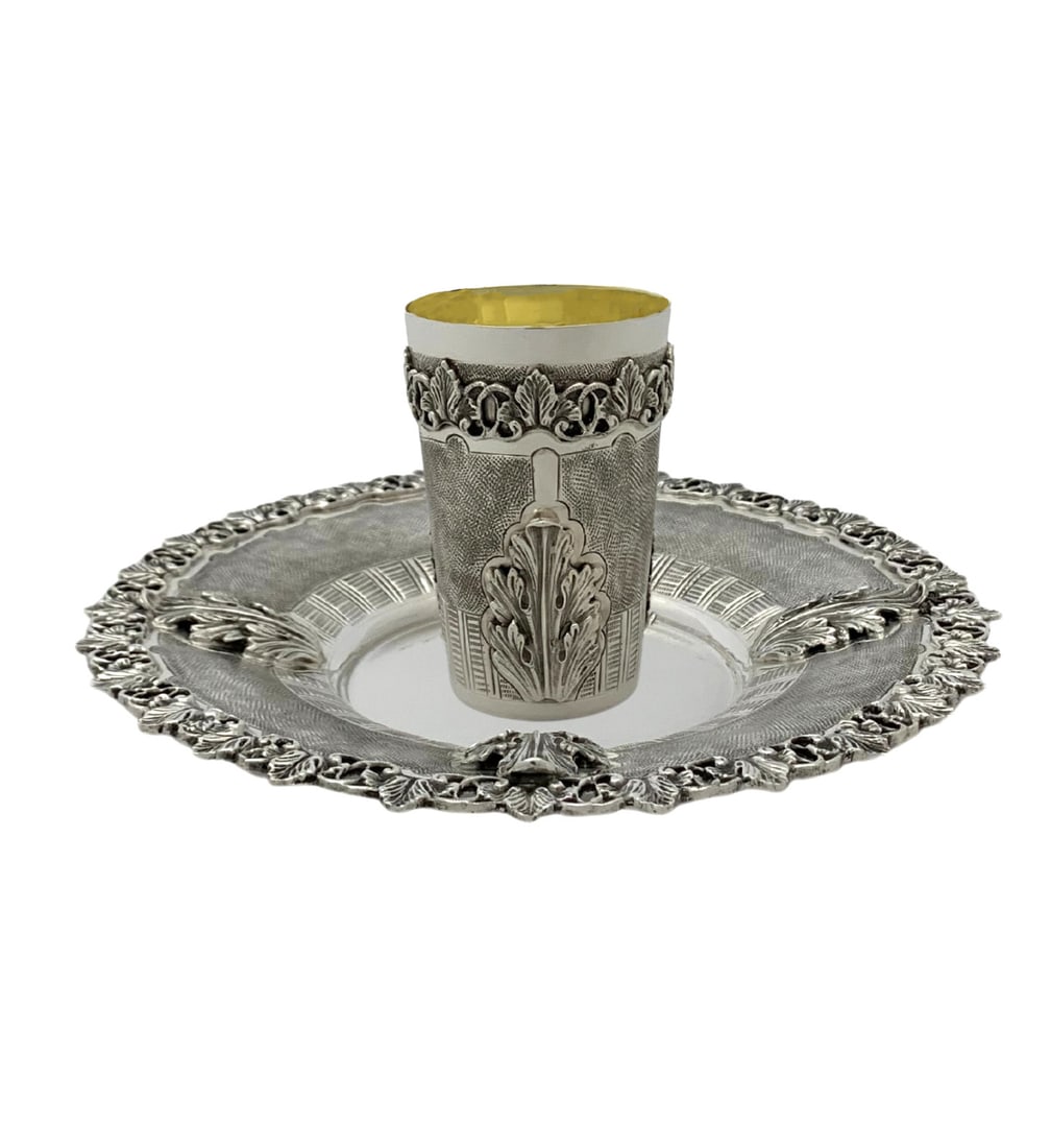 Handmade 925 Sterling Silver Leaf Applique Cup and Tray Set (1 of 4)