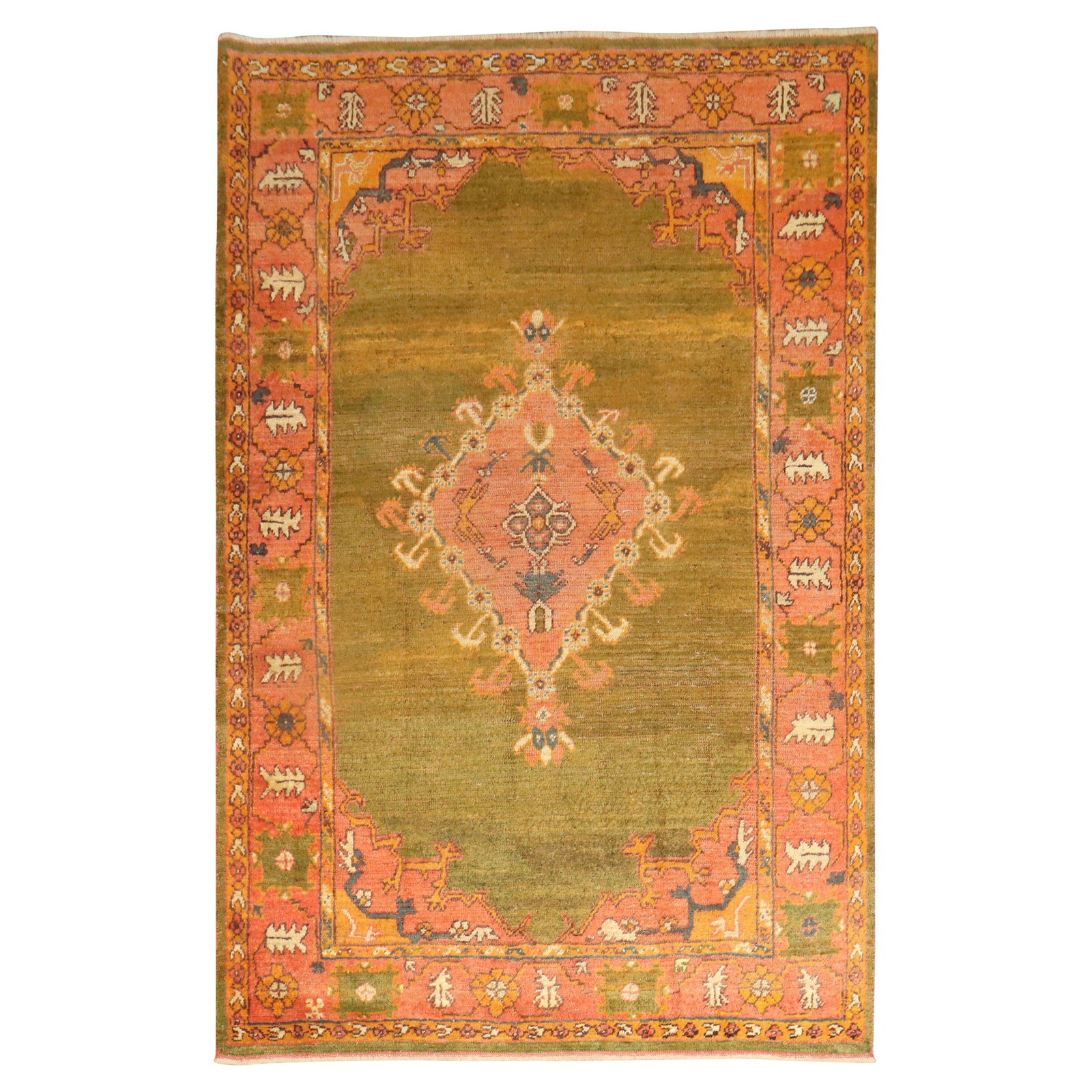 Rare Green Antique Turkish Oushak Hand-Knotted Wool Rug 4' x 6'6'': Rare Green Antique Turkish Oushak Hand-Knotted Wool Rug 4' x 6'6'' This stunning early 20th century Antique Turkish Oushak rug features a unique green color ground, making it a rare find. Hand-knotted