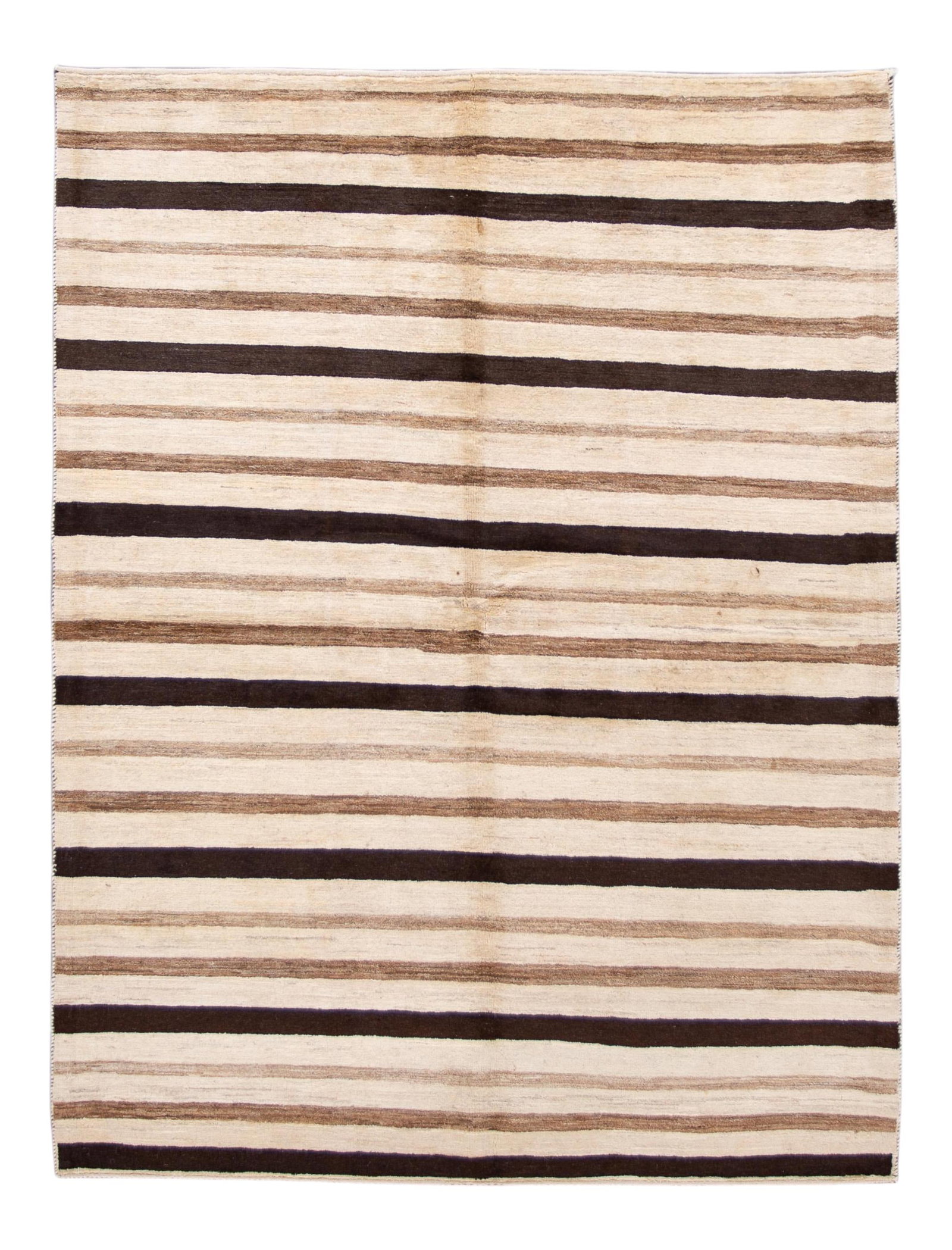 Beige Striped Gabbeh Handmade Wool Rug 5'9 x 7'4: Beige Striped Gabbeh Handmade Wool Rug 5'9 x 7'4 Enhance your living space with this stunning contemporary Persian Gabbeh rug, expertly hand-knotted from high-quality wool. Featuring a stylish beige f