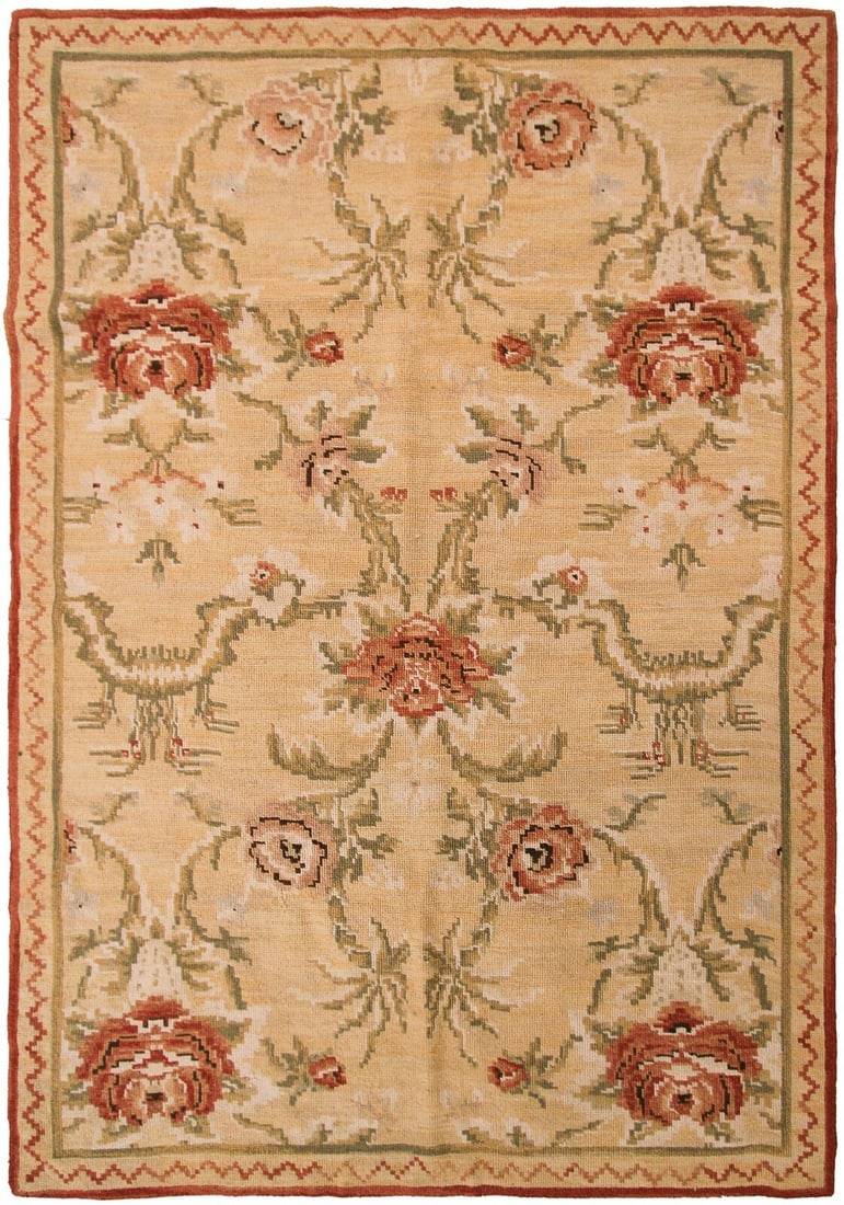 Handmade European Wool Needlepoint Area Rug 4x6 Beige Geometric (1 of 7)