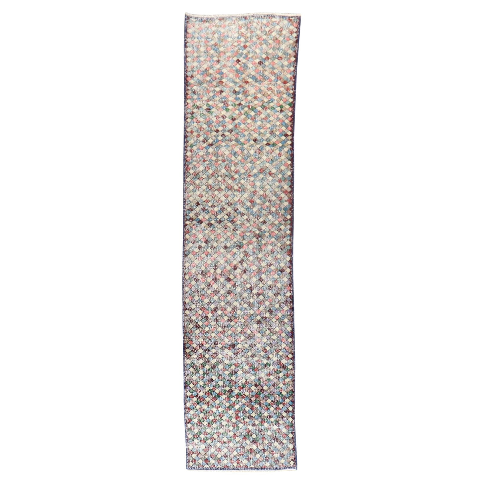 Mid-Century Modern Blue Turkish Deco Runner Wool 27 x 125: Mid-Century Modern Blue Turkish Deco Runner Wool 27 x 125 This stunning Blue Vintage Turkish Deco Runner showcases a captivating all-over repetitive diamond motif, beautifully hand-woven from high-qua