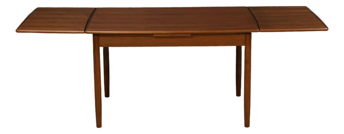 Mid Century Danish Teak Draw Leaf Dining Table Extends to 84 Inches: Mid Century Danish Teak Draw Leaf Dining Table Extends to 84 Inches This mid-century modern Danish dining table features a classic teak construction with two draw leaves that extend from either end an