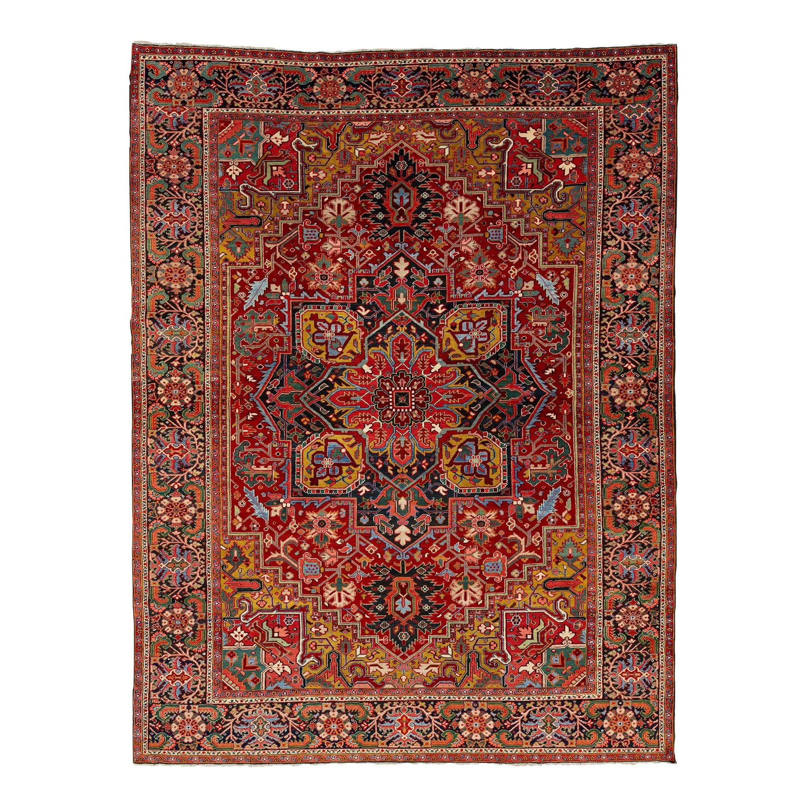 Antique Heriz Persian Rug Red Medallion Design Wool 10'4 x 13'8: Antique Heriz Persian Rug Red Medallion Design Wool 10'4 x 13'8 Enhance your space with this stunning antique Heriz hand-knotted wool rug, showcasing a striking red field adorned with a central medall