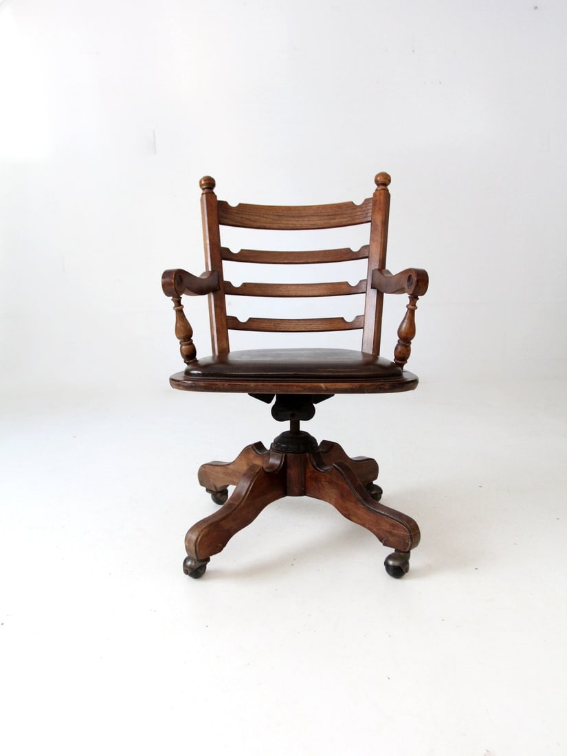 Mid Century Wooden Swivel Desk Chair with Caster Wheels (1 of 13)
