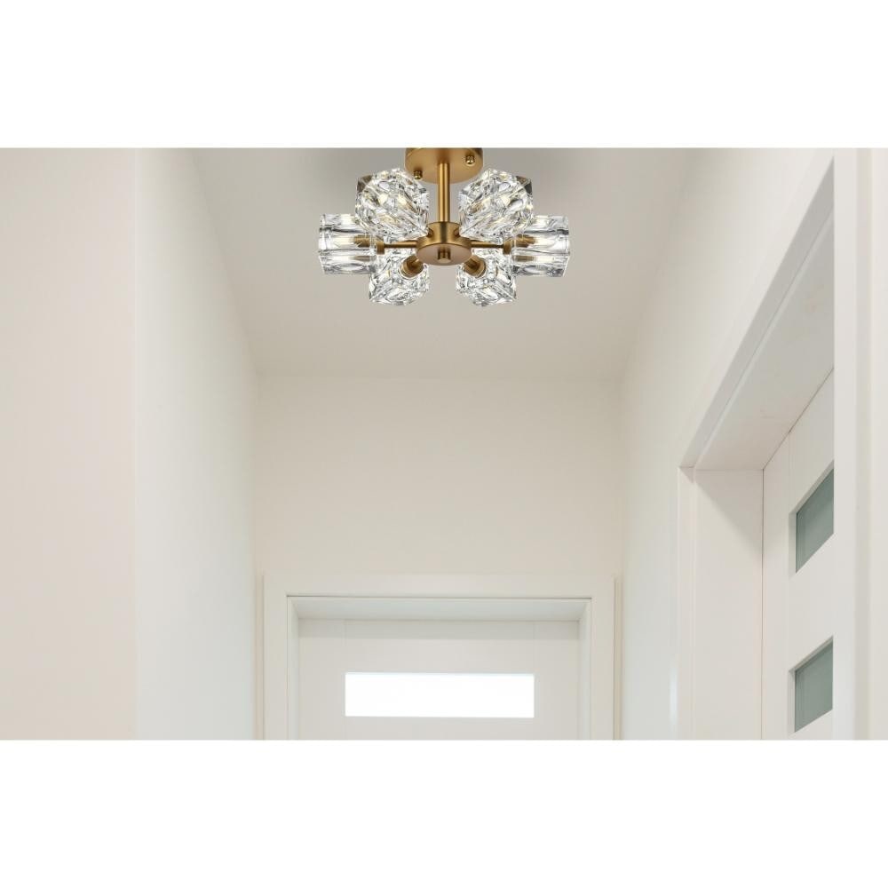 Eren 6-Light Satin Gold Flush Mount 14 Inch Glass Shades: Eren 6-Light Satin Gold Flush Mount 14 Inch Glass Shades This modern flush mount chandelier features a satin gold finish and clear glass shades, offering a sophisticated touch to any indoor space. Des