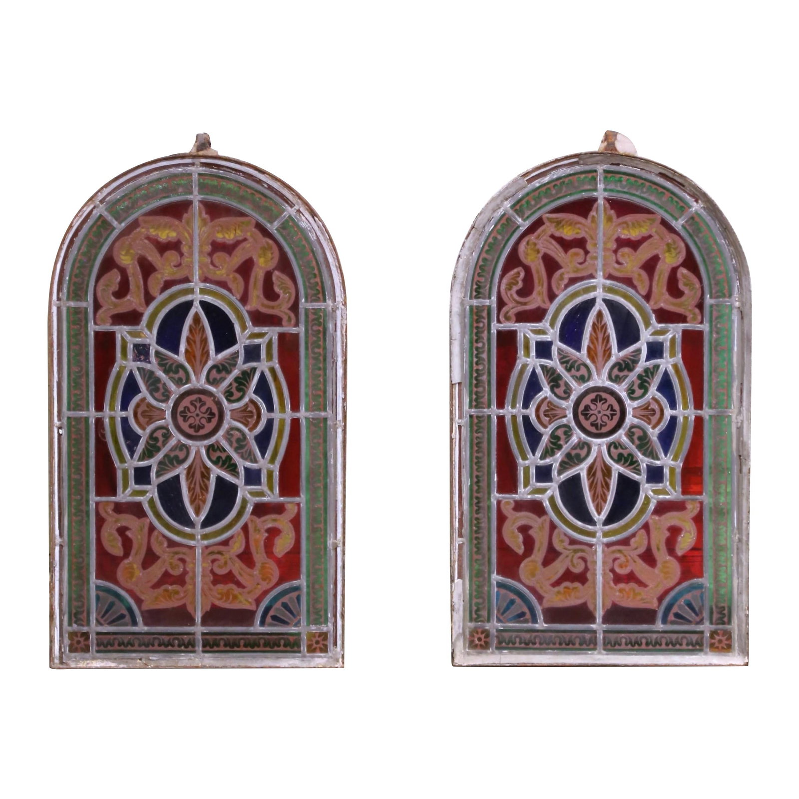 19th Century French Napoleon III Stained Glass Window Pair Set: 19th Century French Napoleon III Stained Glass Window Pair Set Crafted in France circa 1850, this exquisite pair of antique arched stained glass windows exemplifies mid-19th-century artistry from the 