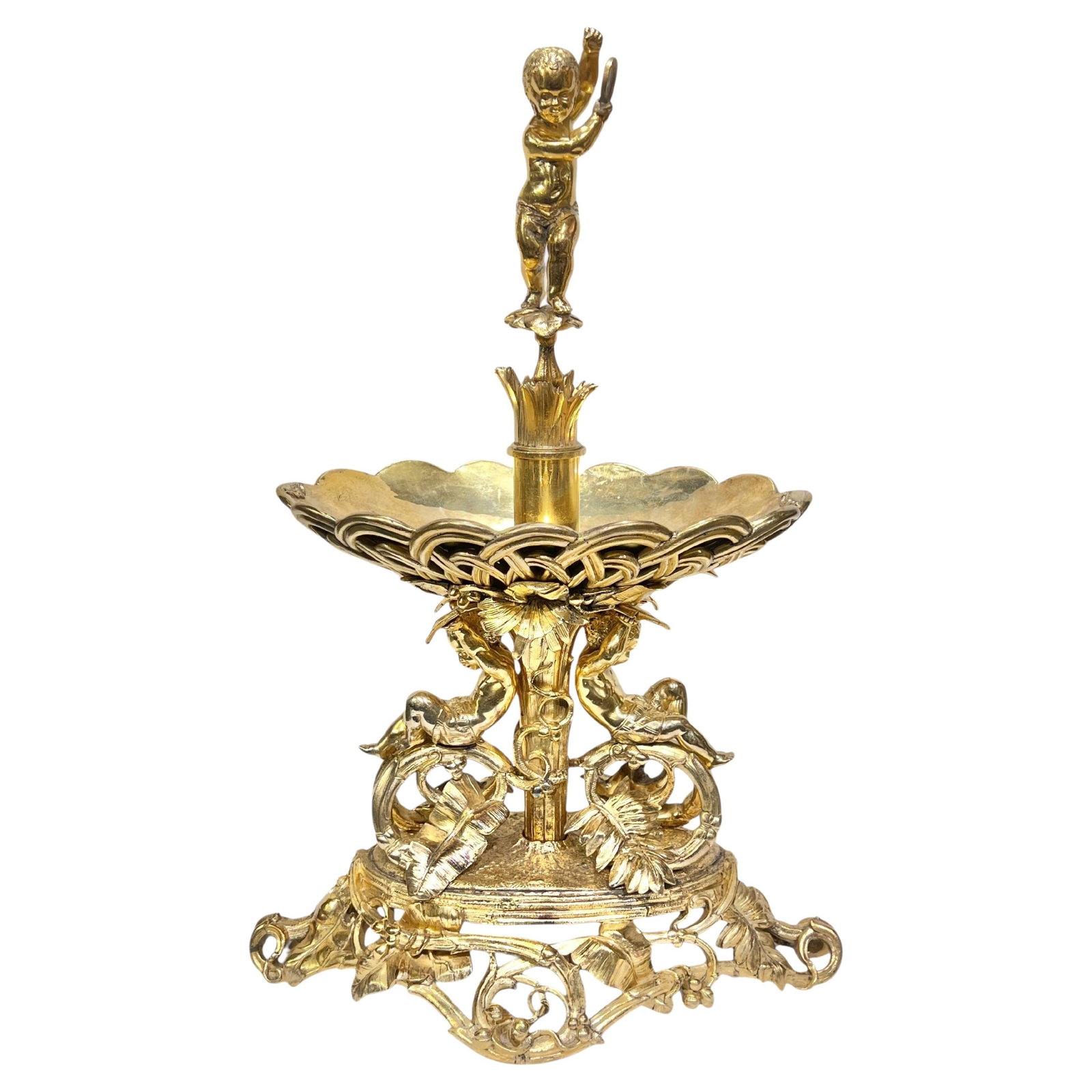 Neoclassical Gilt Bronze Centerpiece Bowl with Cherubs France Late 19th Century: Neoclassical Gilt Bronze Centerpiece Bowl with Cherubs France Late 19th Century This late 19th-century French Neoclassical centerpiece bowl is expertly crafted from gilt bronze. The bowl is supported 