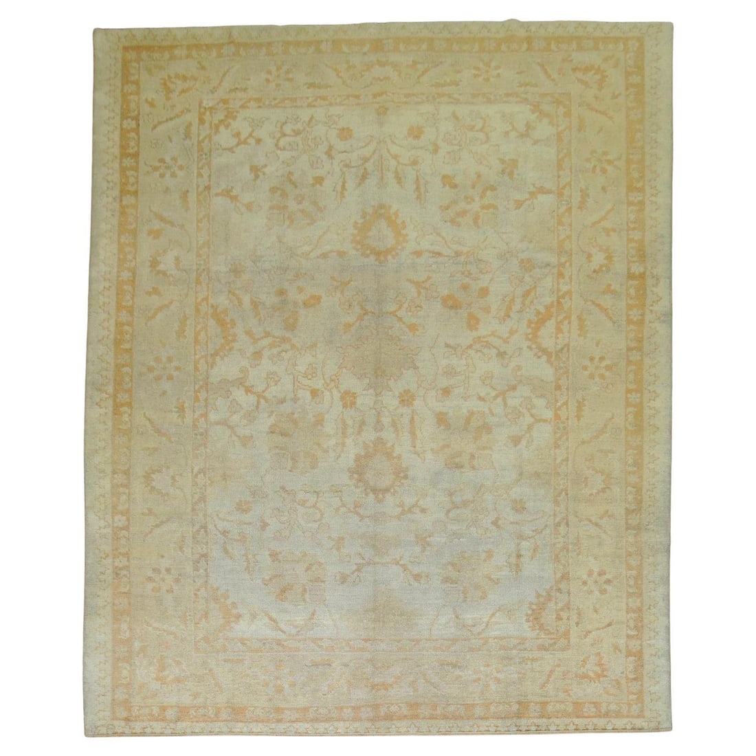 Antique Turkish Oushak Room Size Carpet 9' x 10'11' Wool Hand-Knotted: Antique Turkish Oushak Room Size Carpet 9' x 10'11' Wool Hand-Knotted This exquisite Pale Antique Turkish Oushak Room Size Carpet showcases a beautiful ivory field with soft orange accents, embodying 