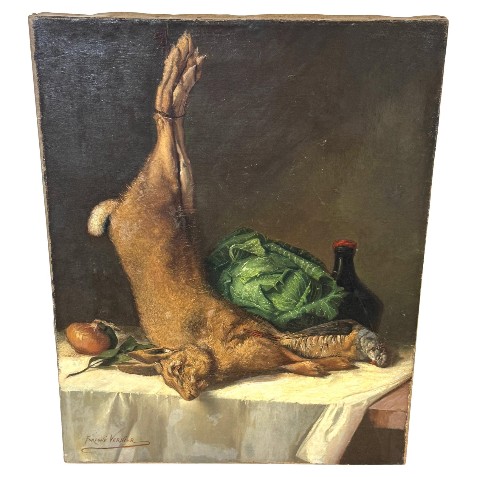 19th Century Oil Painting by Fortune Vernier Still Life with Hare and Partridge (1 of 14)