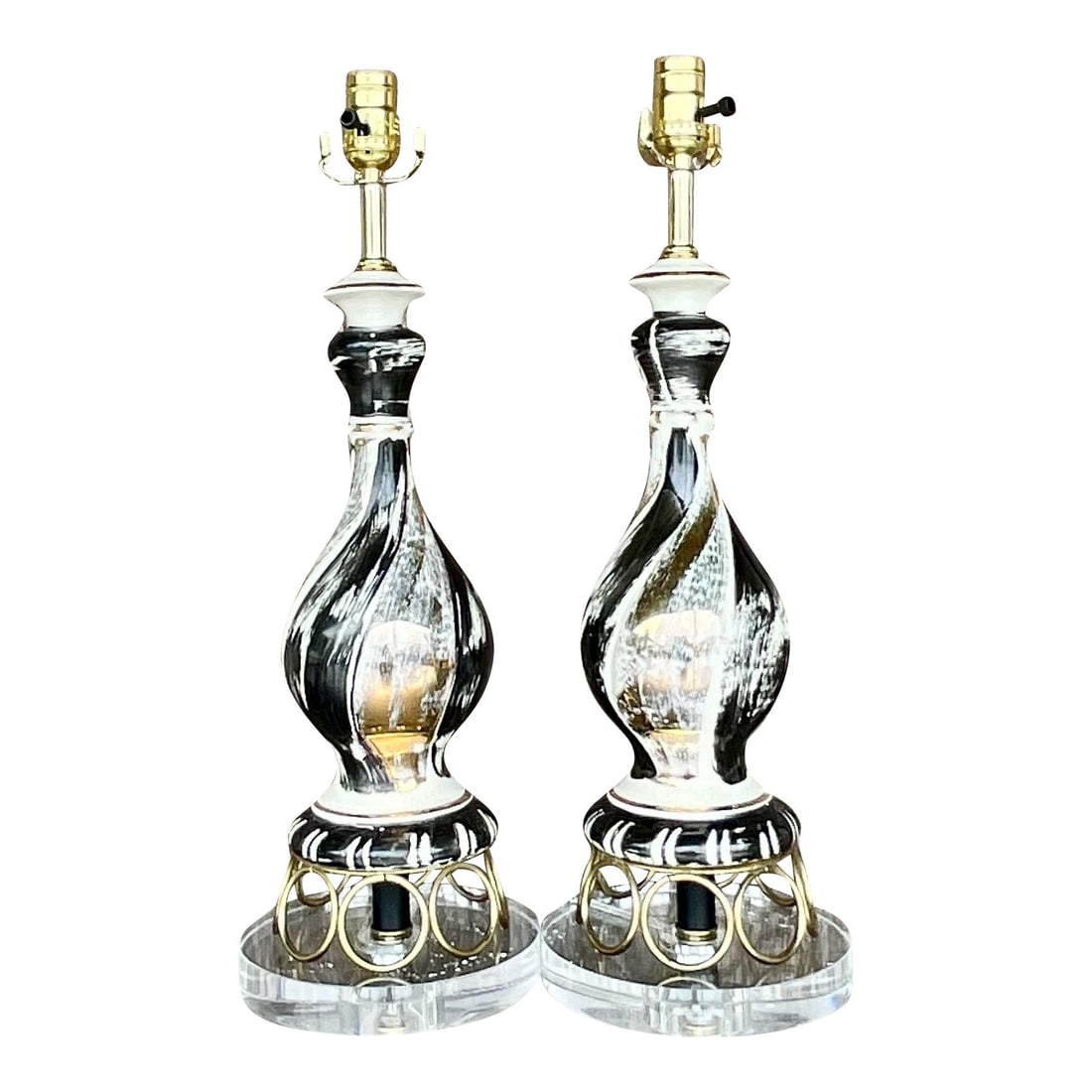 Chic Vintage MCM Gold Ring Table Lamps Pair Fully Restored: Chic Vintage MCM Gold Ring Table Lamps Pair Fully Restored This striking pair of vintage Mid-Century Modern table lamps features an elegant design with beautiful black and gold strokes on a white glaz