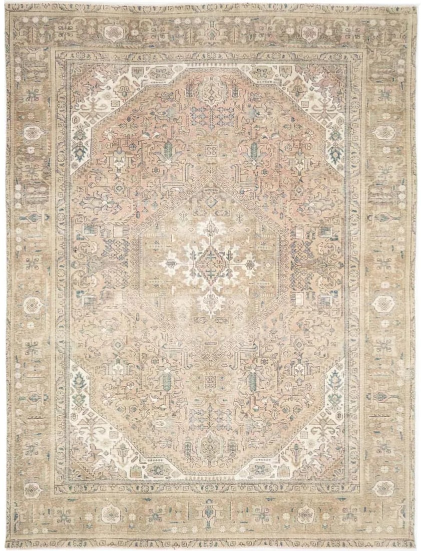 Vintage Hand-Knotted Wool Floral Area Rug 9'1 x 12'0 Western Asia: Vintage Hand-Knotted Wool Floral Area Rug 9'1 x 12'0 Western Asia This semi-antique hand-knotted Oriental rug features a muted floral pattern with soft tones of peach, cream, blue, green, brown, and t