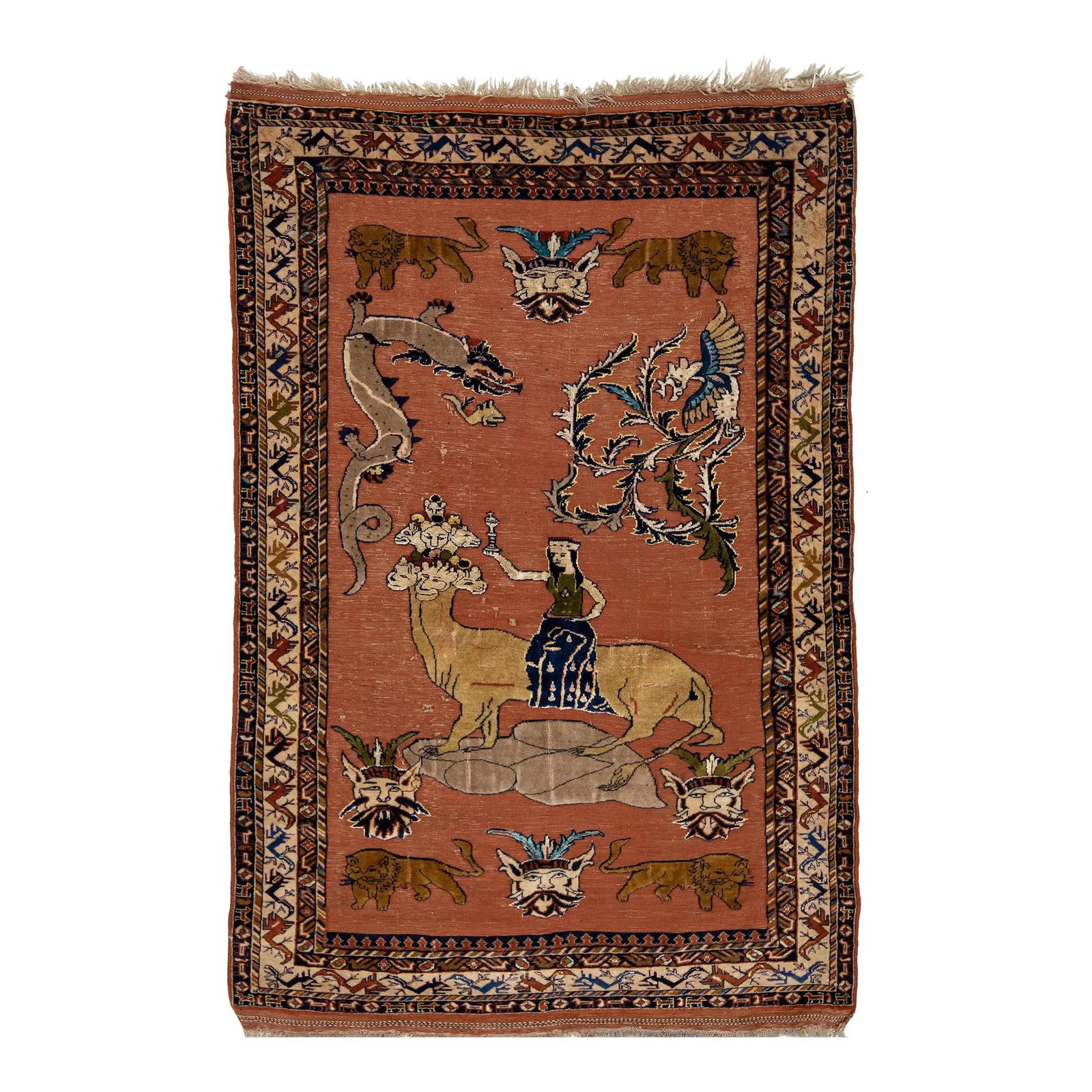 1920s Antique Persian Tabriz Wool Rug Terracotta Pictorial Design: 1920s Antique Persian Tabriz Wool Rug Terracotta Pictorial Design Discover the beauty of this antique Persian Tabriz rug, crafted in the 1920s. It showcases a striking terracotta field adorned with in