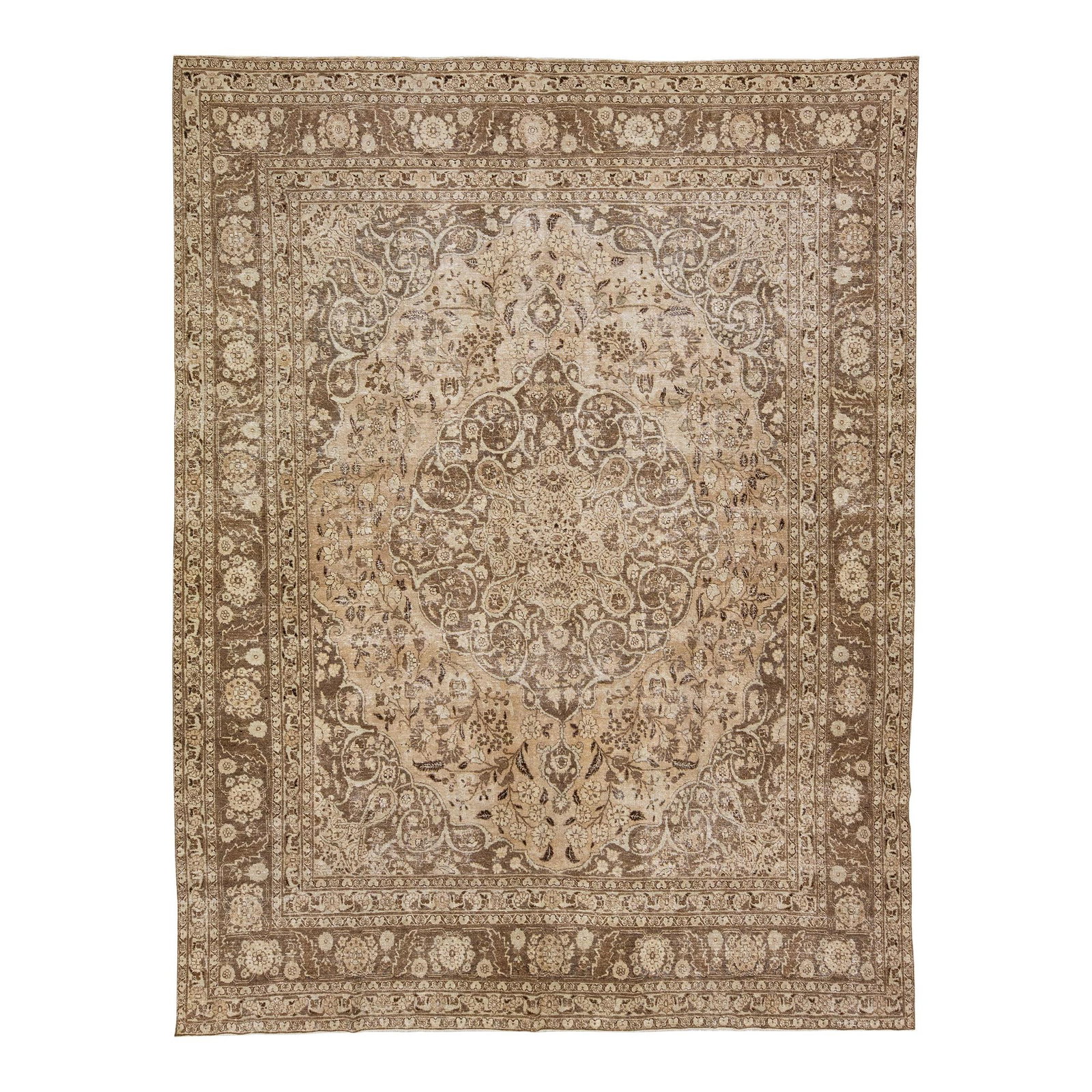 1920s Antique Persian Tabriz Wool Rug 9.6 x 12.4 Medallion Design: 1920s Antique Persian Tabriz Wool Rug 9.6 x 12.4 Medallion Design This exquisite antique Persian Tabriz rug from the 1920s features a striking beige color field complemented by a rich brown frame. The