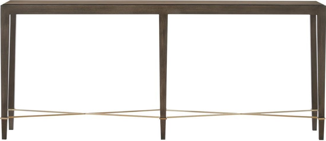 Currey Verona Console Table Mahogany Brass Transitional 32H 76W 14D: Currey Verona Console Table Mahogany Brass Transitional 32H 76W 14D The Stylish Verona Console is a beautifully crafted piece that combines the richness of mahogany with sleek brass and iron accents. 