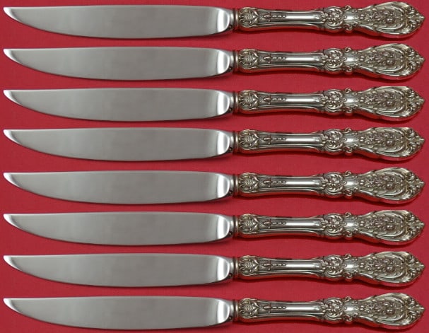 Reed & Barton Francis I 8pc Sterling Silver Steak Knife Set: Reed & Barton Francis I 8pc Sterling Silver Steak Knife Set This exquisite steak knife set features eight beautifully crafted pieces in the iconic Francis I pattern by Reed & Barton. Each knife is mad