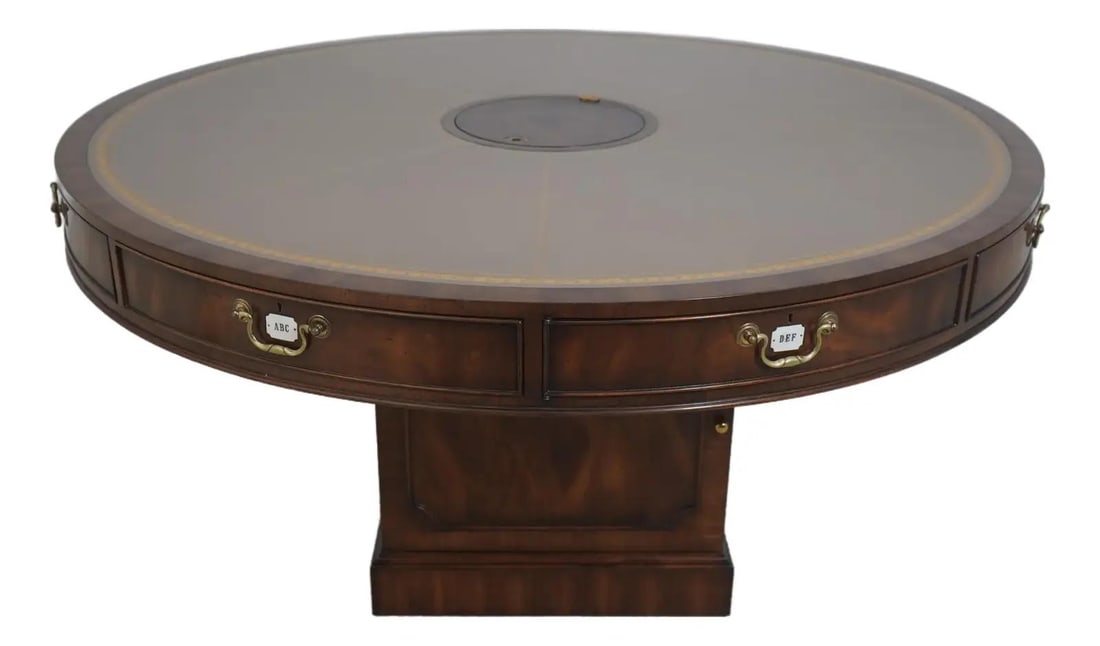 Mahogany Pedestal Rent Table With Tooled Leather Top And Inlay 60 Inch (1 of 10)