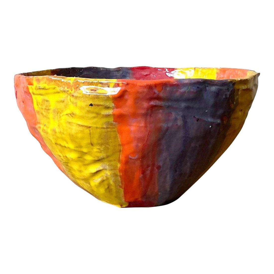 1980s Vintage Boho Studio Pottery Bowl with Bold Colors: 1980s Vintage Boho Studio Pottery Bowl with Bold Colors This stunning vintage studio pottery bowl is a vibrant tribute to expressive Postmodern design, likely from the 1980s. Crafted using a hand-buil