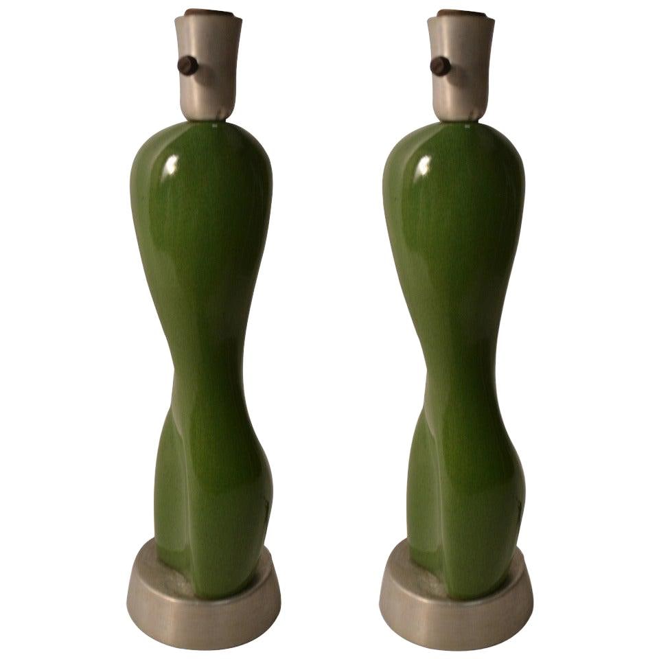 Rare Pair of Russel Wright Ceramic Nude Lamps with Aluminum Base: Rare Pair of Russel Wright Ceramic Nude Lamps with Aluminum Base This stunning pair of Russel Wright ceramic nude table lamps features a striking jade ceramic body mounted on original spun aluminum ba