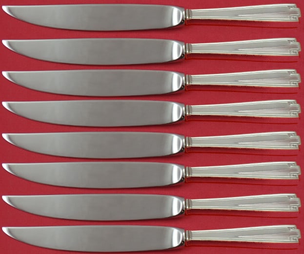 Gorham Etruscan Sterling Silver Steak Knife Set 8pc Non-Serrated: Gorham Etruscan Sterling Silver Steak Knife Set 8pc Non-Serrated Enhance your dining experience with this exquisite 8-piece steak knife set from Gorham, featuring the elegant Etruscan pattern. Crafted