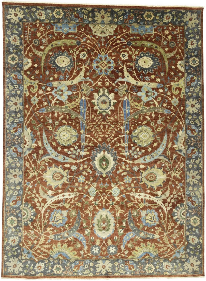 Hand-Knotted Wool Floral Chobi Peshawar Area Rug 9x12 ft Modern Decor: Hand-Knotted Wool Floral Chobi Peshawar Area Rug 9x12 ft Modern Decor This extra large Chobi Peshawar oriental rug features a hand-knotted wool construction with a floral pattern in rust orange, gray,