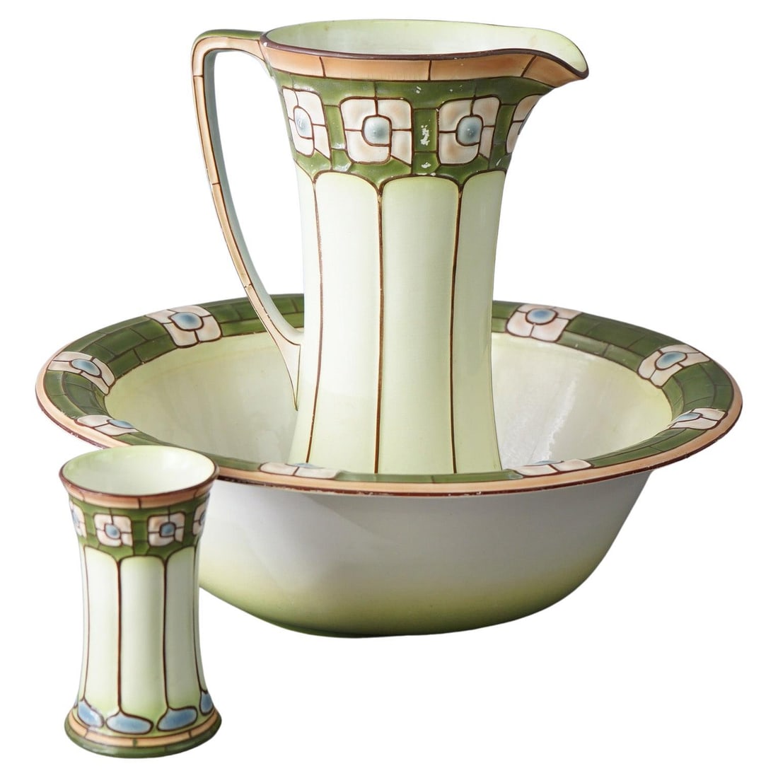 ECLA Antique Arts & Crafts Porcelain Bowl Pitcher Set c1910: ECLA Antique Arts & Crafts Porcelain Bowl Pitcher Set c1910 This exquisite antique bowl and pitcher set embodies the Arts and Crafts Mission style, crafted circa 1910. The set features a stunning porc