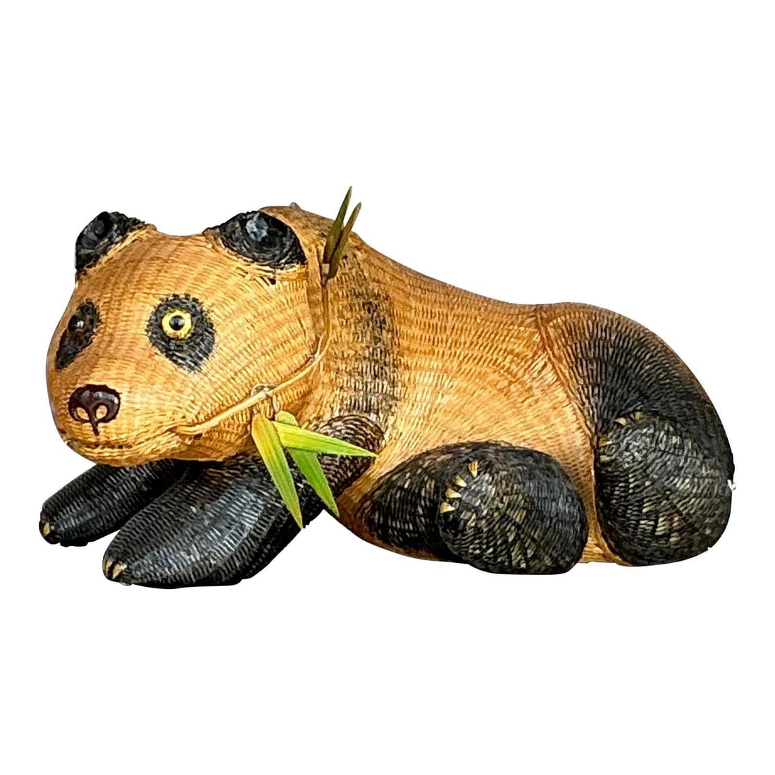 Vintage Boho Reclining Panda Figure Handcrafted from Bamboo Rattan: Vintage Boho Reclining Panda Figure Handcrafted from Bamboo Rattan Add a touch of whimsical charm to your space with this delightful vintage reclining panda figure. Handcrafted using intricate weaving