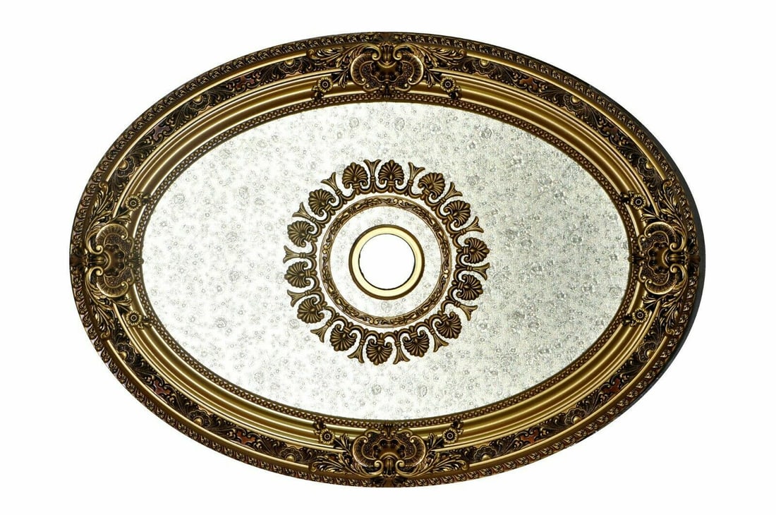 Artistry Antique Gold Oval Ceiling Medallion 43 inch: Artistry Antique Gold Oval Ceiling Medallion 43 inch Enhance your space with this 43-inch oval chandelier ceiling medallion, featuring an antique gold painted finish and intricate floral detailing. Cr