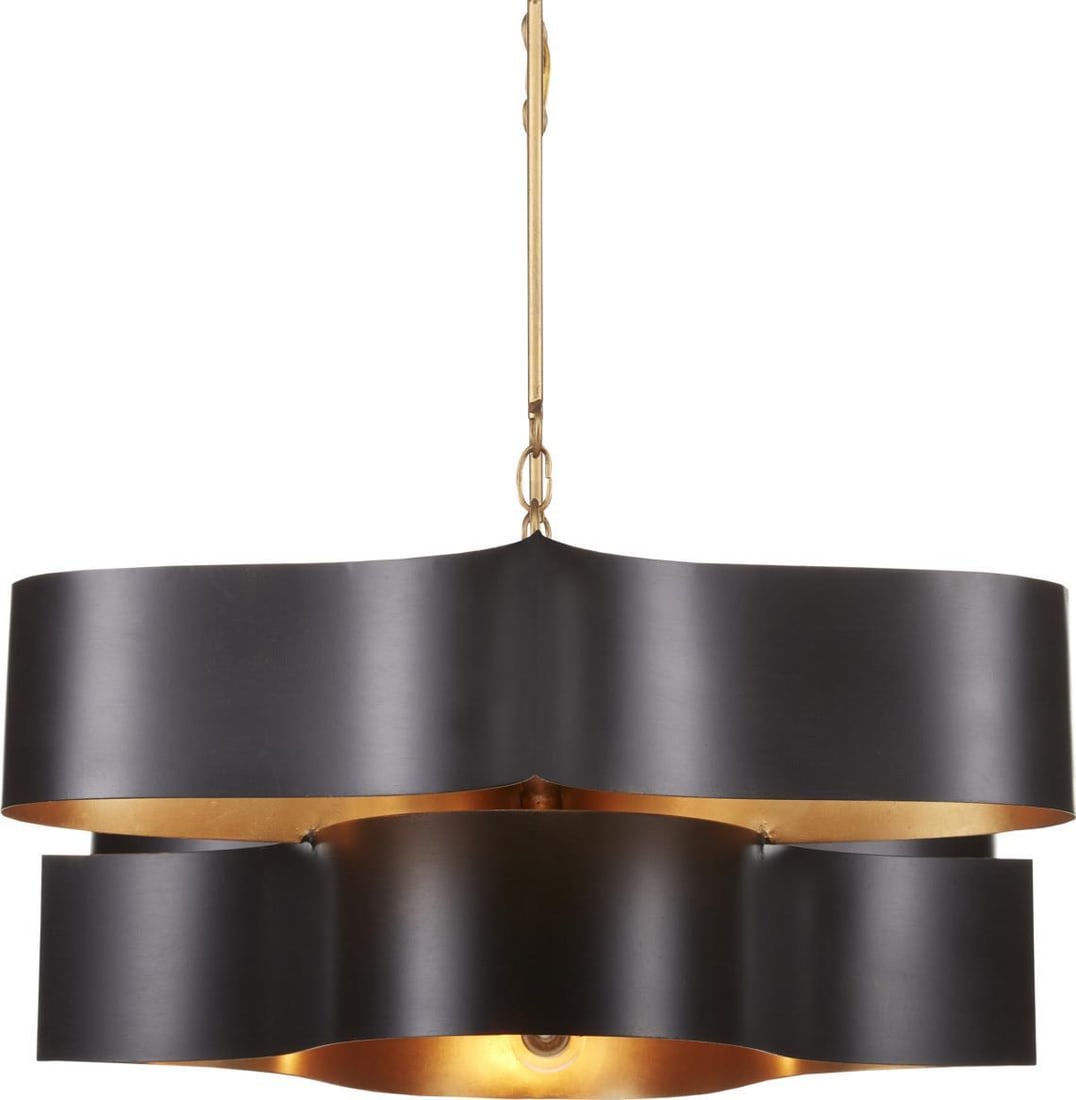 Currey Grand Lotus Wrought Iron Chandelier Gold Leaf 6 Bulbs: Currey Grand Lotus Wrought Iron Chandelier Gold Leaf 6 Bulbs Illuminate your space with this exquisite Wrought Iron Black Chandelier adorned with elegant Gold Leaf accents. This stunning piece from th
