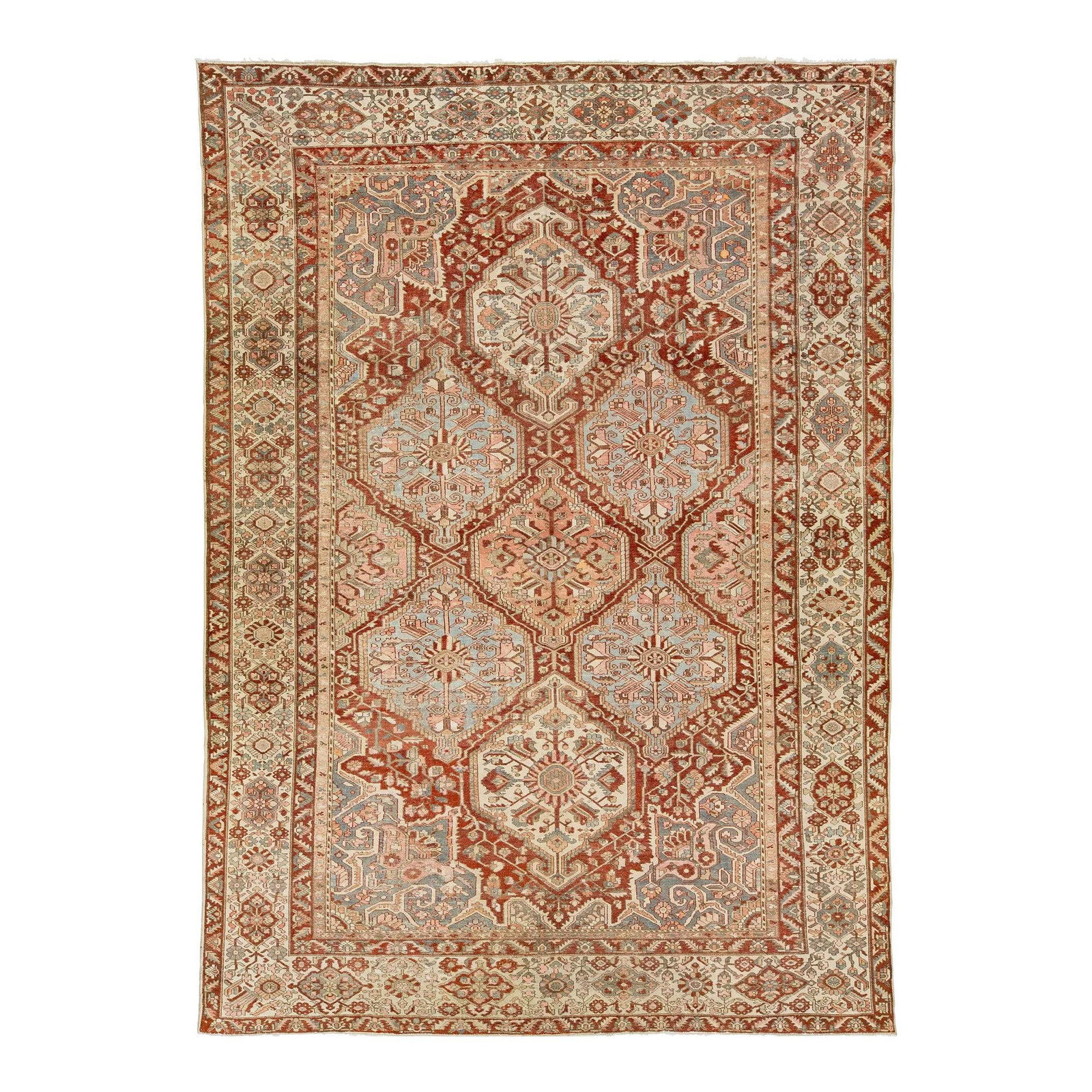 Antique Persian Bakhtiari Hand-Knotted Wool Rug 11'8 x 16'4 Floral Design: Antique Persian Bakhtiari Hand-Knotted Wool Rug 11'8 x 16'4 Floral Design This exquisite antique Bakhtiari rug, handcrafted in the 1920s, showcases a stunning red-rust color field adorned with a tradi