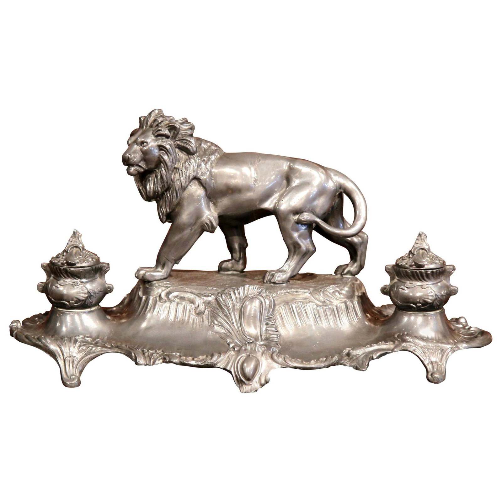 Antique 19th Century French Pewter Inkwell with Lion by A. Bossu (1 of 8)