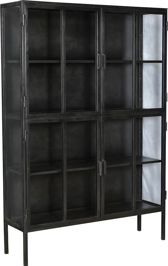 Industrial Roman Cabinet with Glass Doors Gunmetal Finish: Industrial Roman Cabinet with Glass Doors Gunmetal Finish This Vintage Style Roman Cabinet showcases an elegant and sophisticated design that enhances any decor. Crafted with an antique gunmetal finis