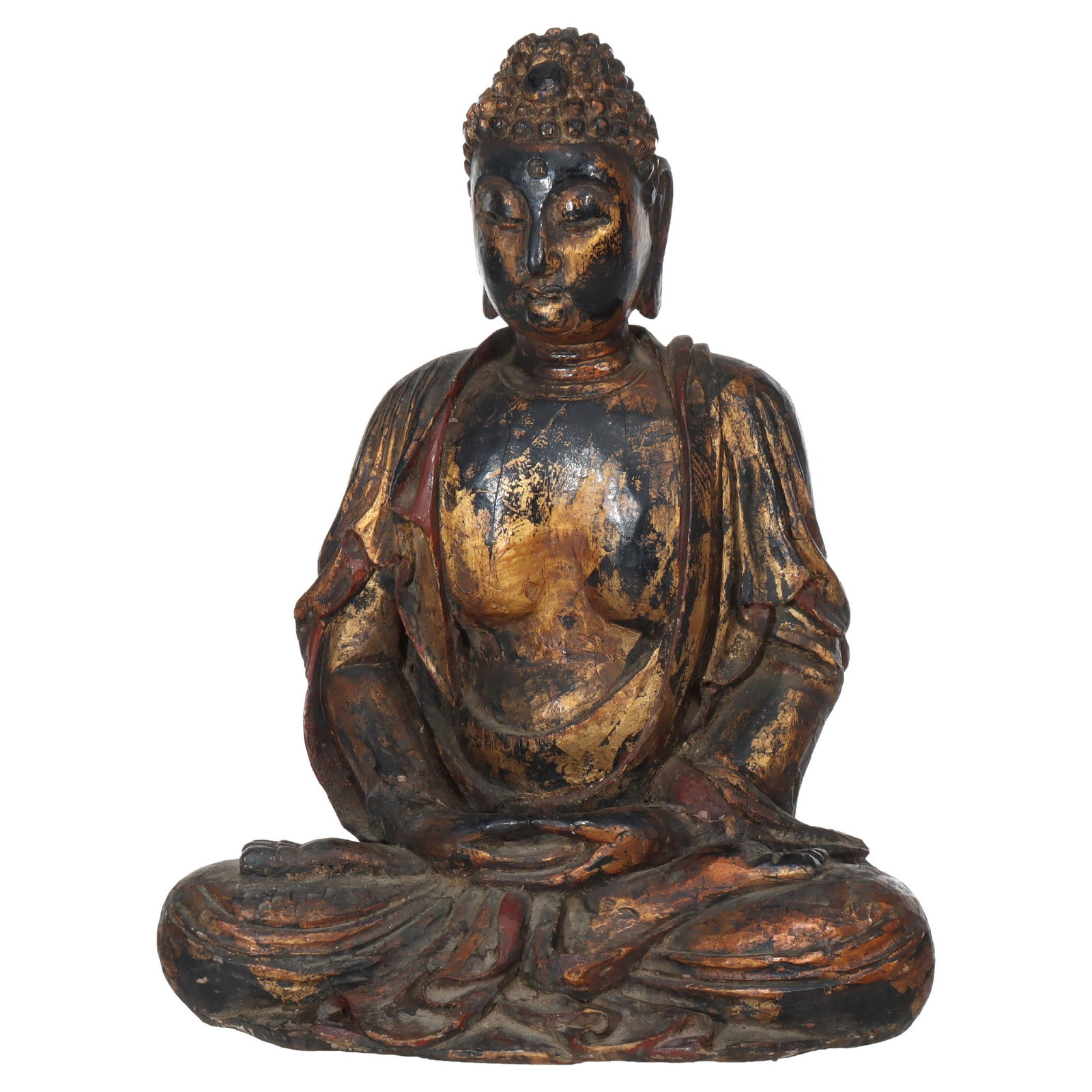 19th Century Carved Wood Seated Buddha with Ebonized Gilt and Vermillion Accents: 19th Century Carved Wood Seated Buddha with Ebonized Gilt and Vermillion Accents This antique seated Buddha statue dates to the 19th century and is expertly carved from wood. The sculpture features an