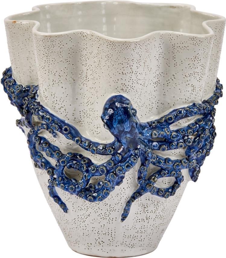 Handmade Blue White Octopus Vase 15H 13W 13D: Handmade Blue White Octopus Vase 15H 13W 13D This stunning Artistic Blue White Octopus Vase is a captivating piece that combines functionality with artistic flair. Handmade with care, this vase featur