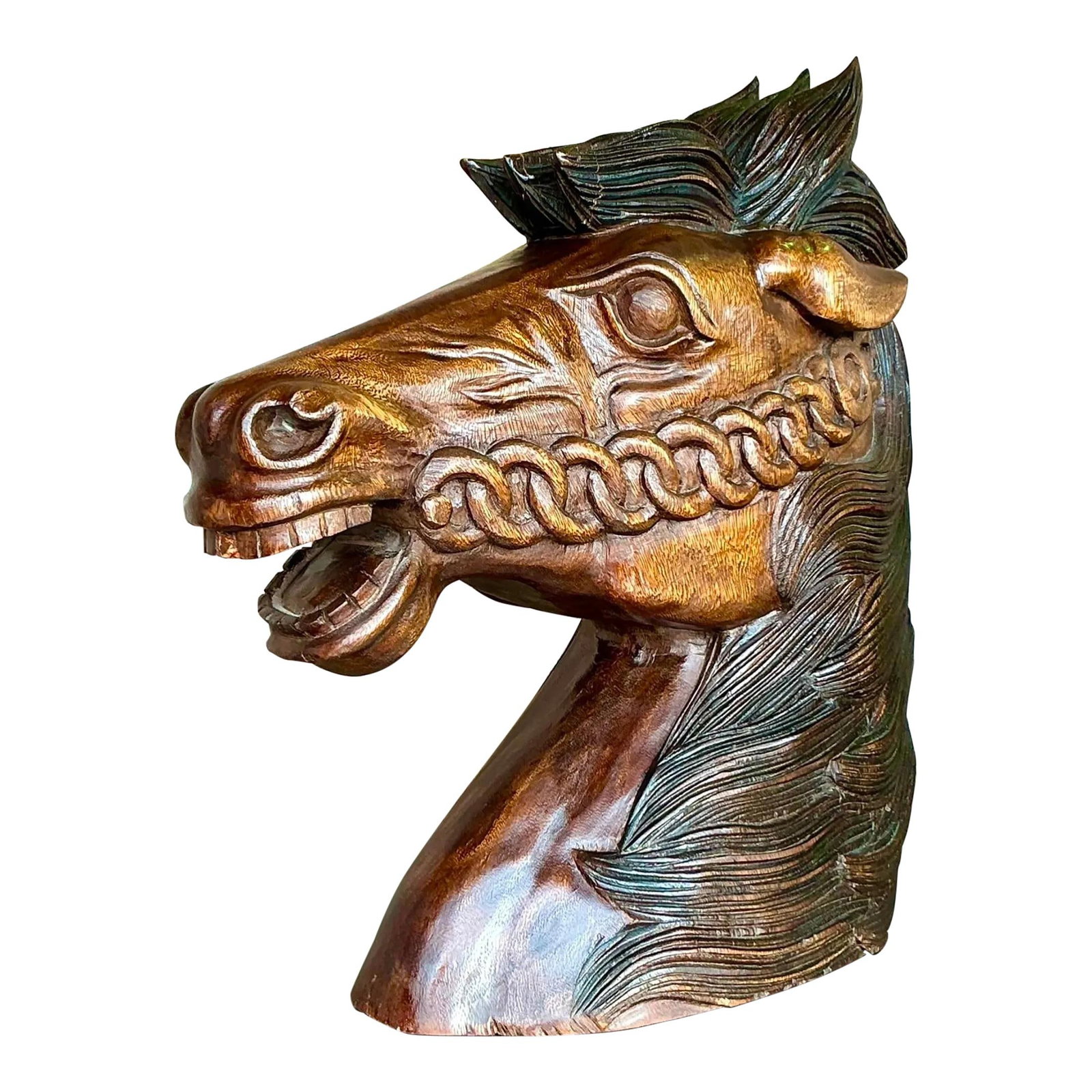 Vintage Boho Hand-Carved Wood Horse Head Bust: Vintage Boho Hand-Carved Wood Horse Head Bust Enhance your living space with this stunning hand-carved wooden horse head bust, showcasing meticulous artisanal craftsmanship. The piece features exquisi