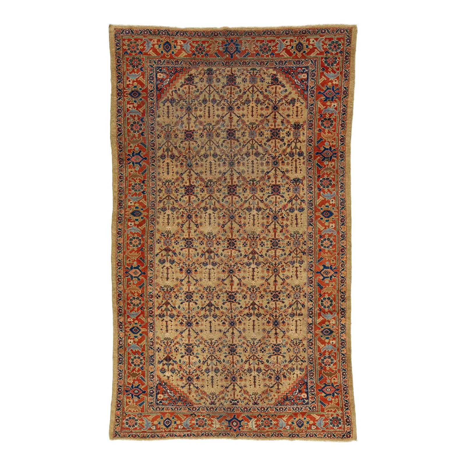 Antique Persian Mahal Hand-Knotted Wool Rug 6'6 x 11 Tan Allover Design: Antique Persian Mahal Hand-Knotted Wool Rug 6'6 x 11 Tan Allover Design This exquisite hand-knotted Antique Persian Mahal rug showcases a stunning all-over design, beautifully accented with blue and r