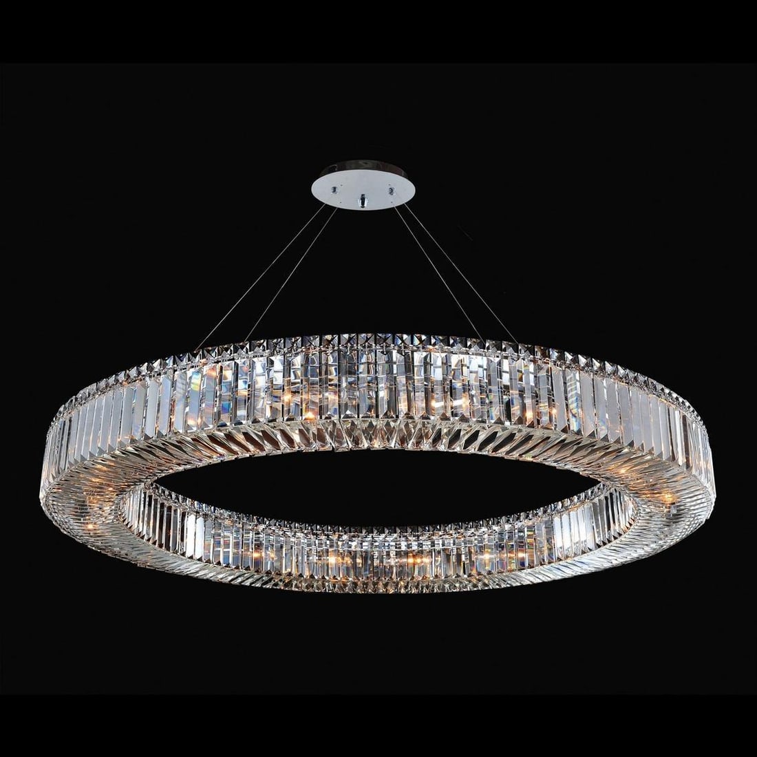 Rondelle Chrome Crystal Round Pendant Light by Kalco 47 Inch: Rondelle Chrome Crystal Round Pendant Light by Kalco 47 Inch Illuminate your space with the stunning Rondelle Luxury Chrome & Crystal Pendant. This exquisite lighting fixture features a round design a