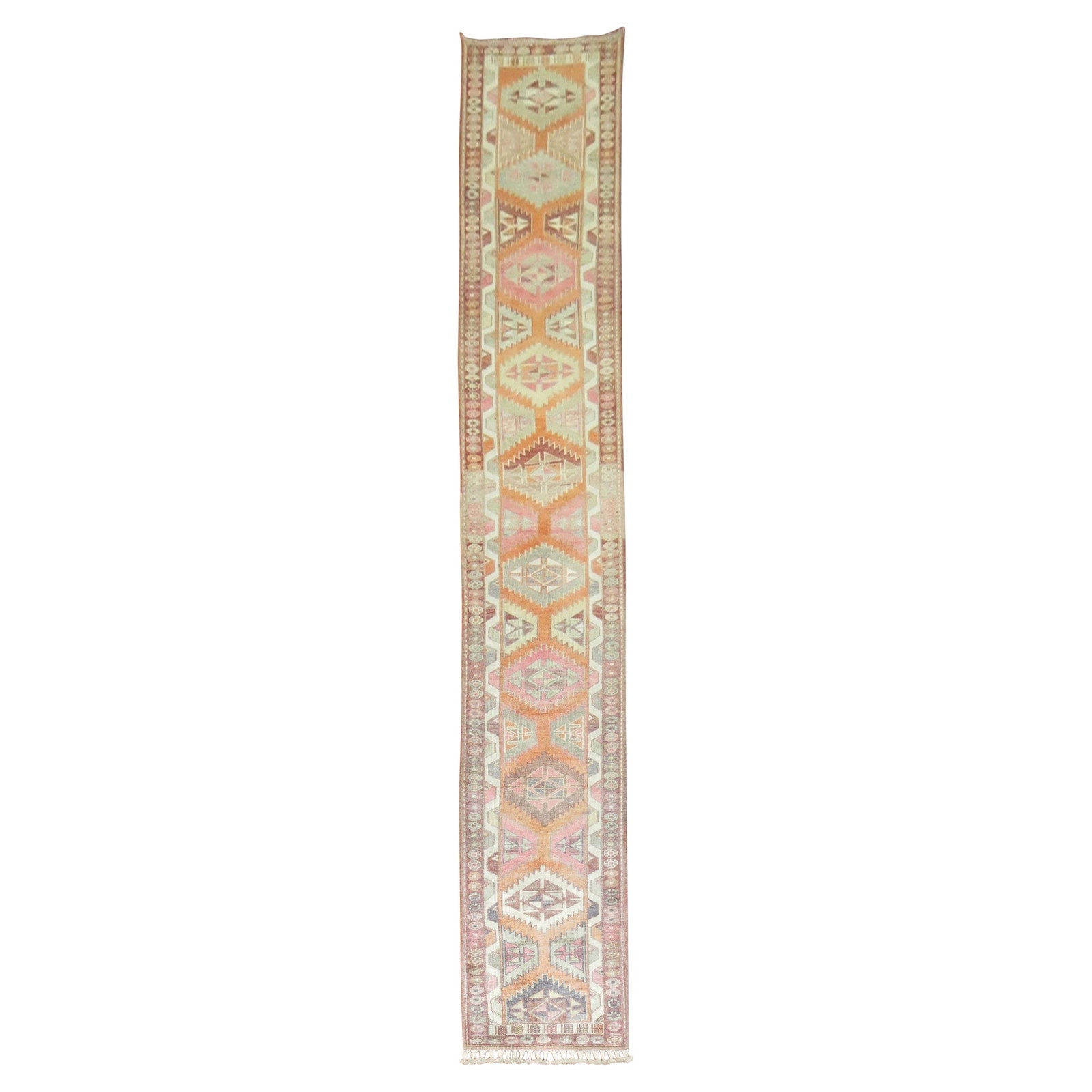 Long Turkish Wool Runner with Orange Geometric Pattern 32 x 230 in: Long Turkish Wool Runner with Orange Geometric Pattern 32 x 230 in This exquisite long and narrow Turkish geometric runner showcases a vibrant orange hue, perfect for enhancing any hallway. Hand-knott