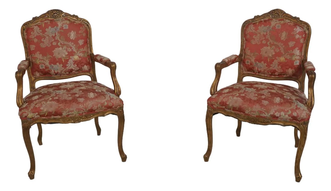 Set of 2 Giltwood Louis XVI Style Armchairs with Carved Details: Set of 2 Giltwood Louis XVI Style Armchairs with Carved Details This pair of Meyer-Gunther French Louis XVI armchairs features finely carved giltwood frames and high-quality floral damask upholstery. 