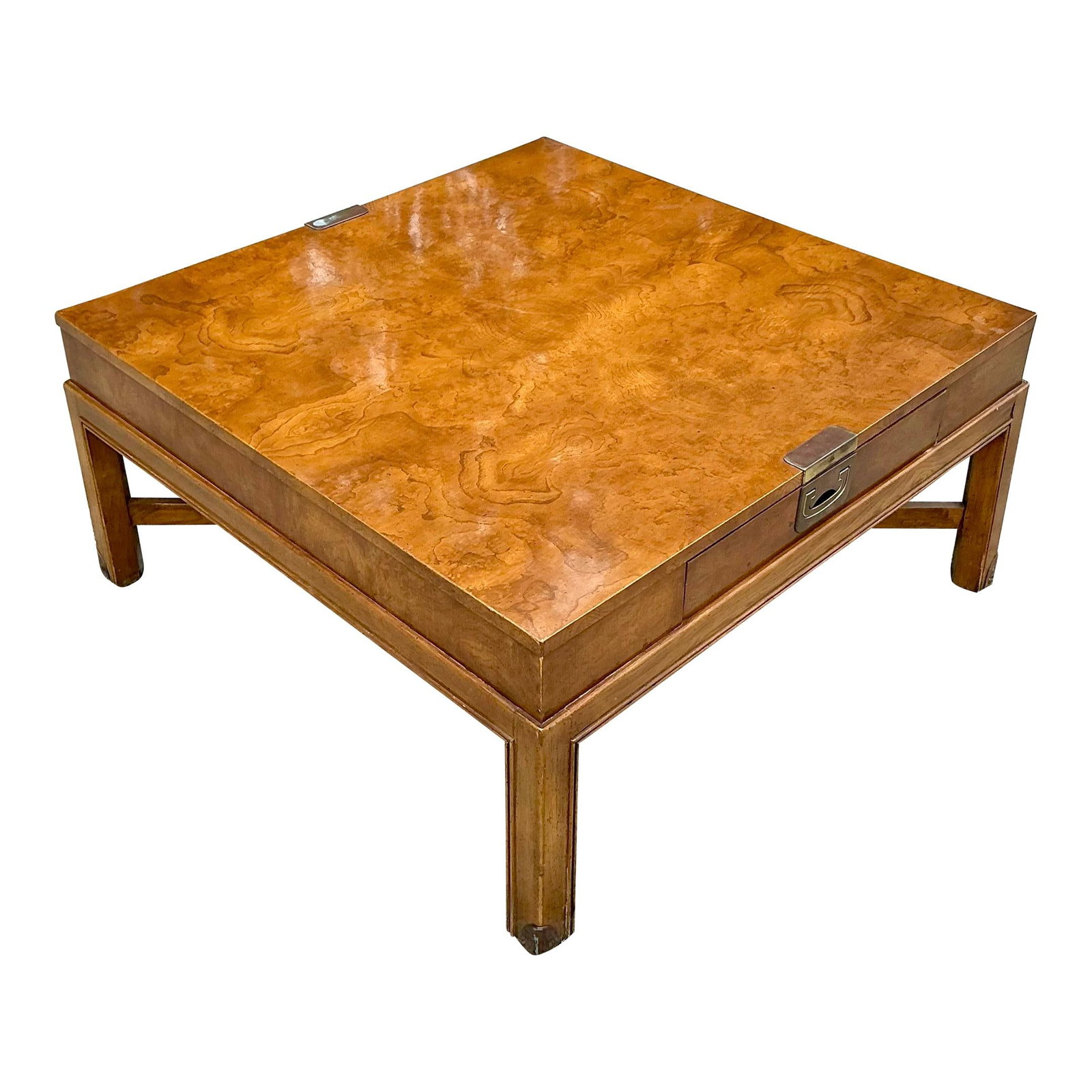 Vintage Boho Burl Wood Campaign Coffee Table with Brass Accents (1 of 6)