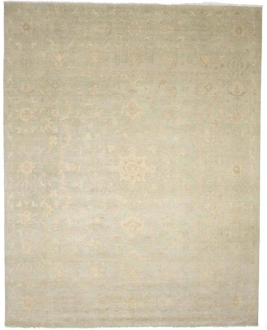Hand Knotted Wool Floral Area Rug 11'10 x 14'11 Aqua Green: Hand Knotted Wool Floral Area Rug 11'10 x 14'11 Aqua Green This extra-large handmade Oriental area rug features a muted aqua green floral pattern with cream and beige accents. Expertly hand-knotted fr